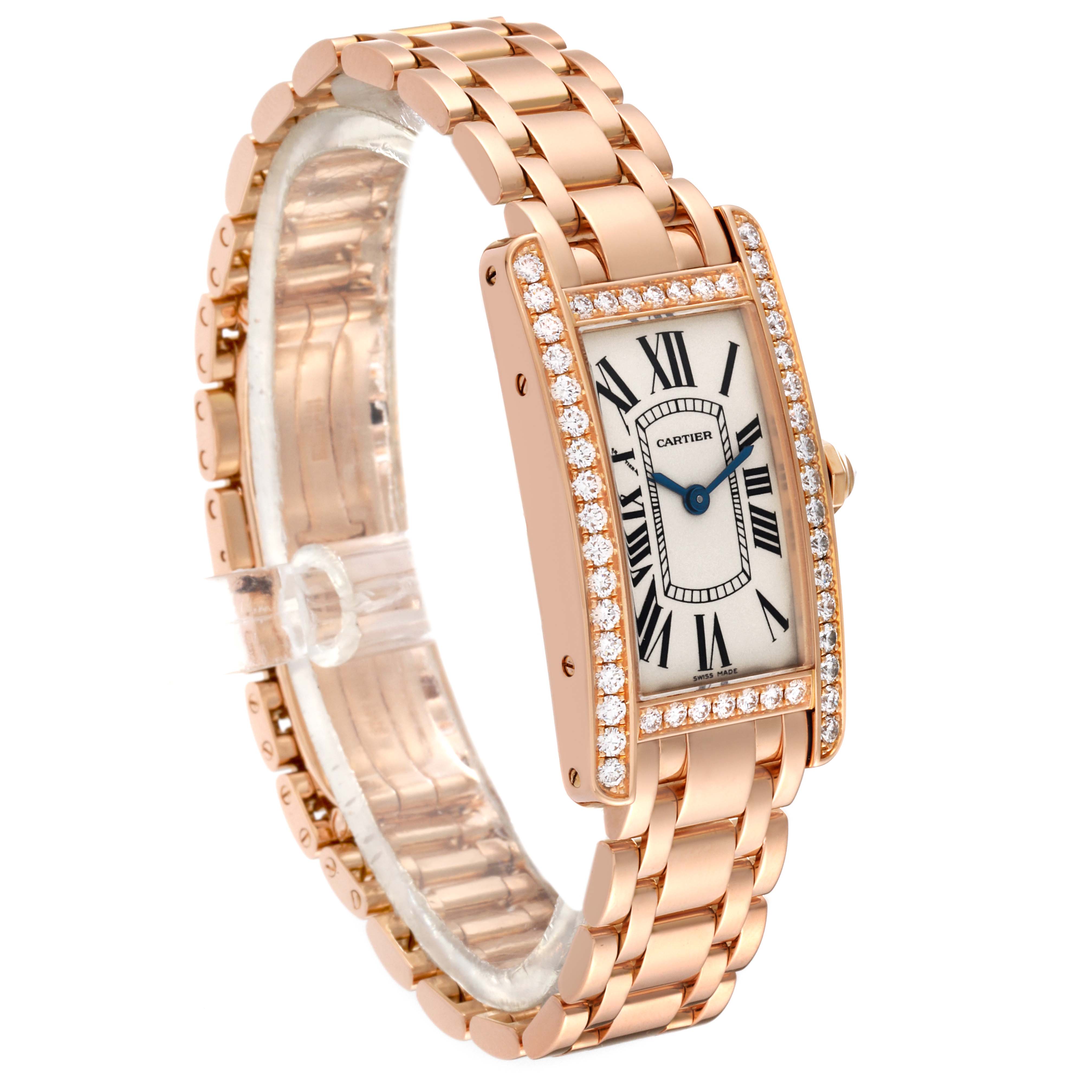 The Tank Americaine model by Cartier is shown at an angled view highlighting the rose gold bracelet, rectangular face, and diamond-set bezel.