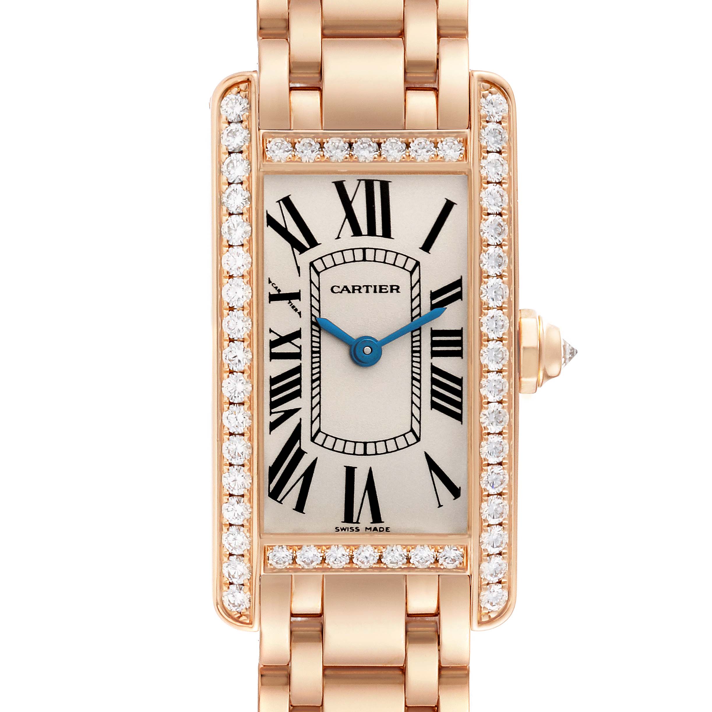 This image shows a close-up of the Cartier Tank Americaine WB7079M5 Women's Rose Gold Silver Dial WB7079M5 Women's Rose Gold Silver Dial watch face, including the bezel, Roman numerals, and partial bracelet.
