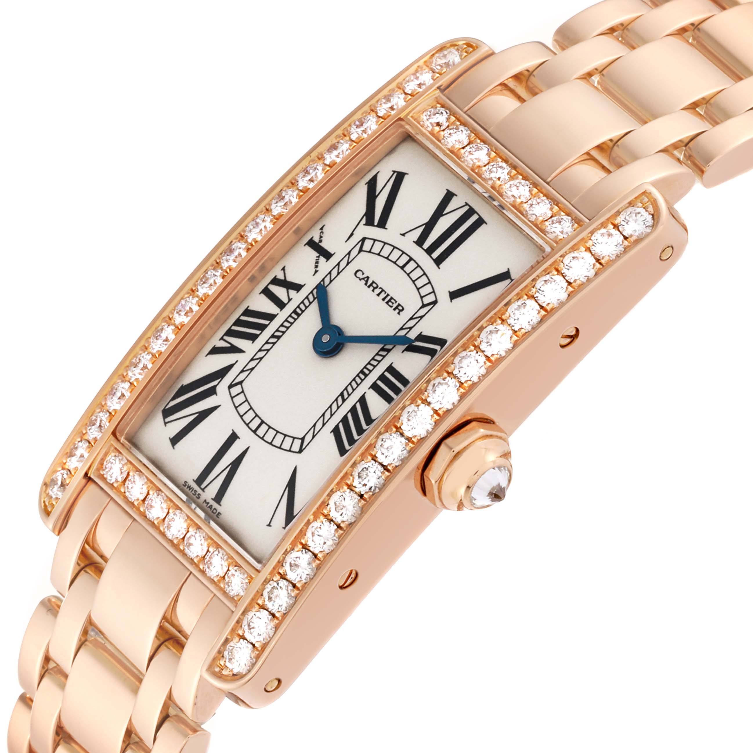 The image shows a close-up angle of the Cartier Tank Americaine WB7079M5 Women's Rose Gold Silver Dial WB7079M5 Women's Rose Gold Silver Dial watch, highlighting the rose gold case, bejeweled bezel, and bracelet.