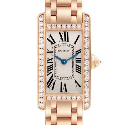 This image shows a front view of the Cartier Tank Americaine watch, highlighting its rectangular face, Roman numerals, gold bracelet, and diamond accents on the bezel.