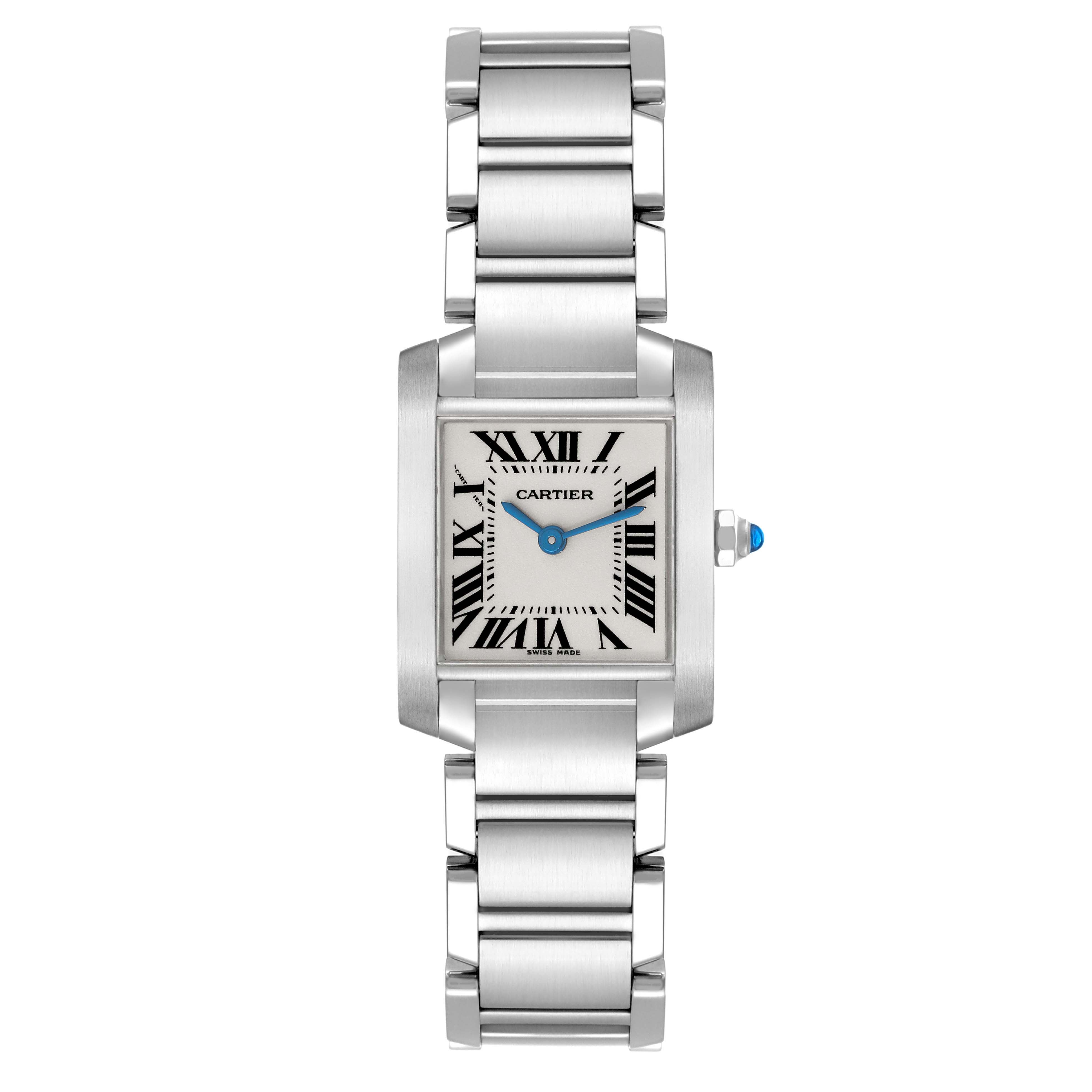 The image shows a front view of a Cartier Tank Française watch, highlighting its face, Roman numerals, and stainless steel bracelet.