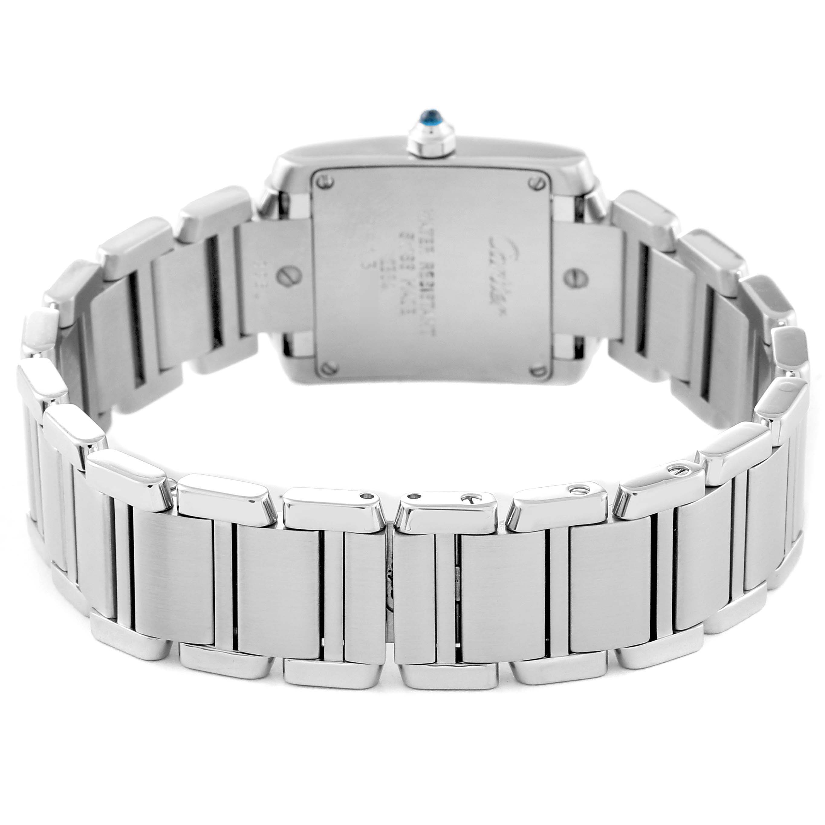The image shows the back view of a Cartier Tank Française watch, focusing on the case back and metal bracelet.