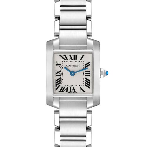 The image shows a frontal view of a Cartier Tank Francaise watch including its rectangular dial, bracelet, and crown with a blue gem.