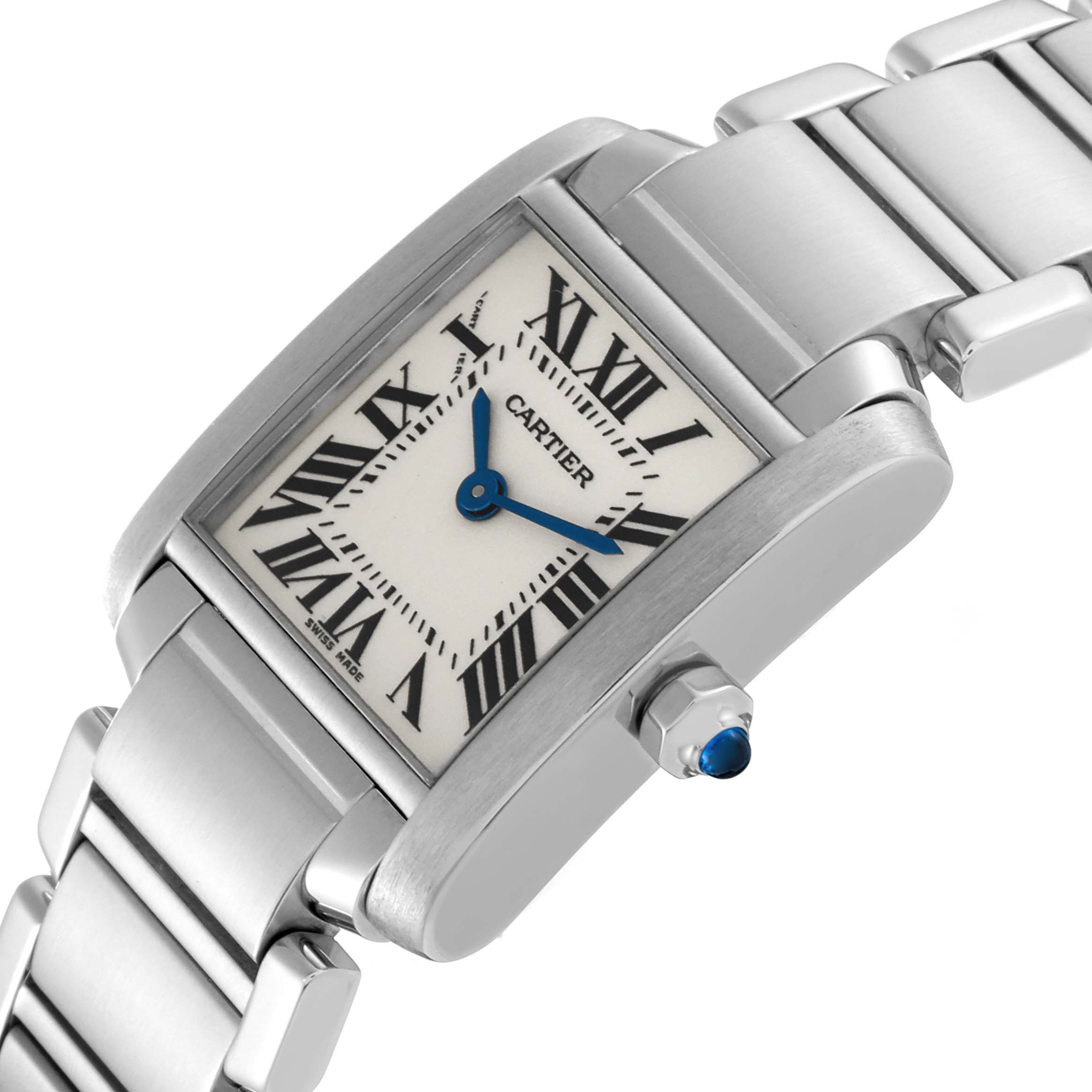 This image shows an angled view of the Cartier Tank Francaise W51008Q3 Women's Stainless Steel Silver Dial W51008Q3 Women's Stainless Steel Silver Dial watch, highlighting its rectangular case, Roman numeral dial, and metal bracelet.