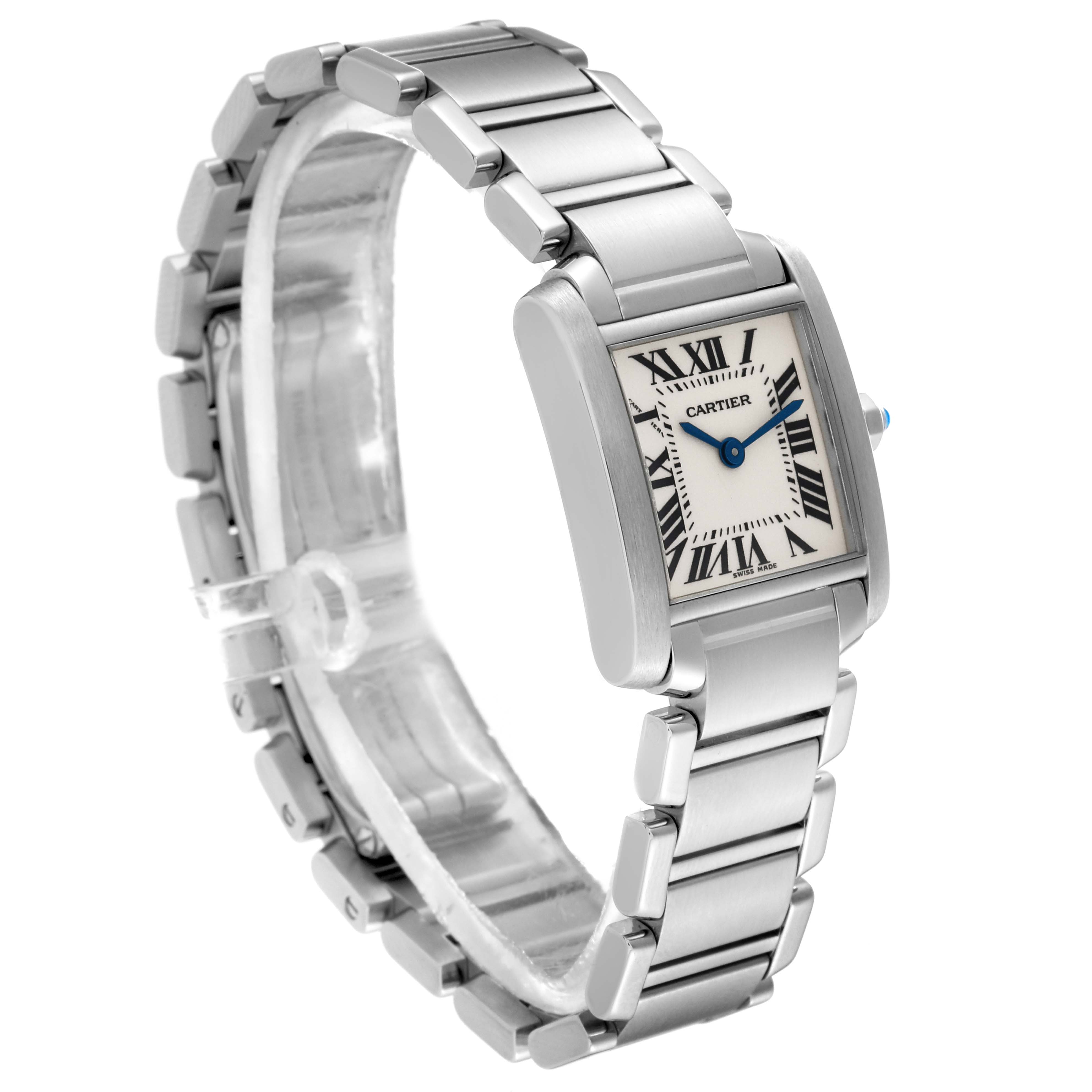 The Cartier Tank Francaise W51008Q3 Women's Stainless Steel Silver Dial W51008Q3 Women's Stainless Steel Silver Dial watch is shown at a three-quarter angle displaying its bracelet, case, and dial with Roman numerals.