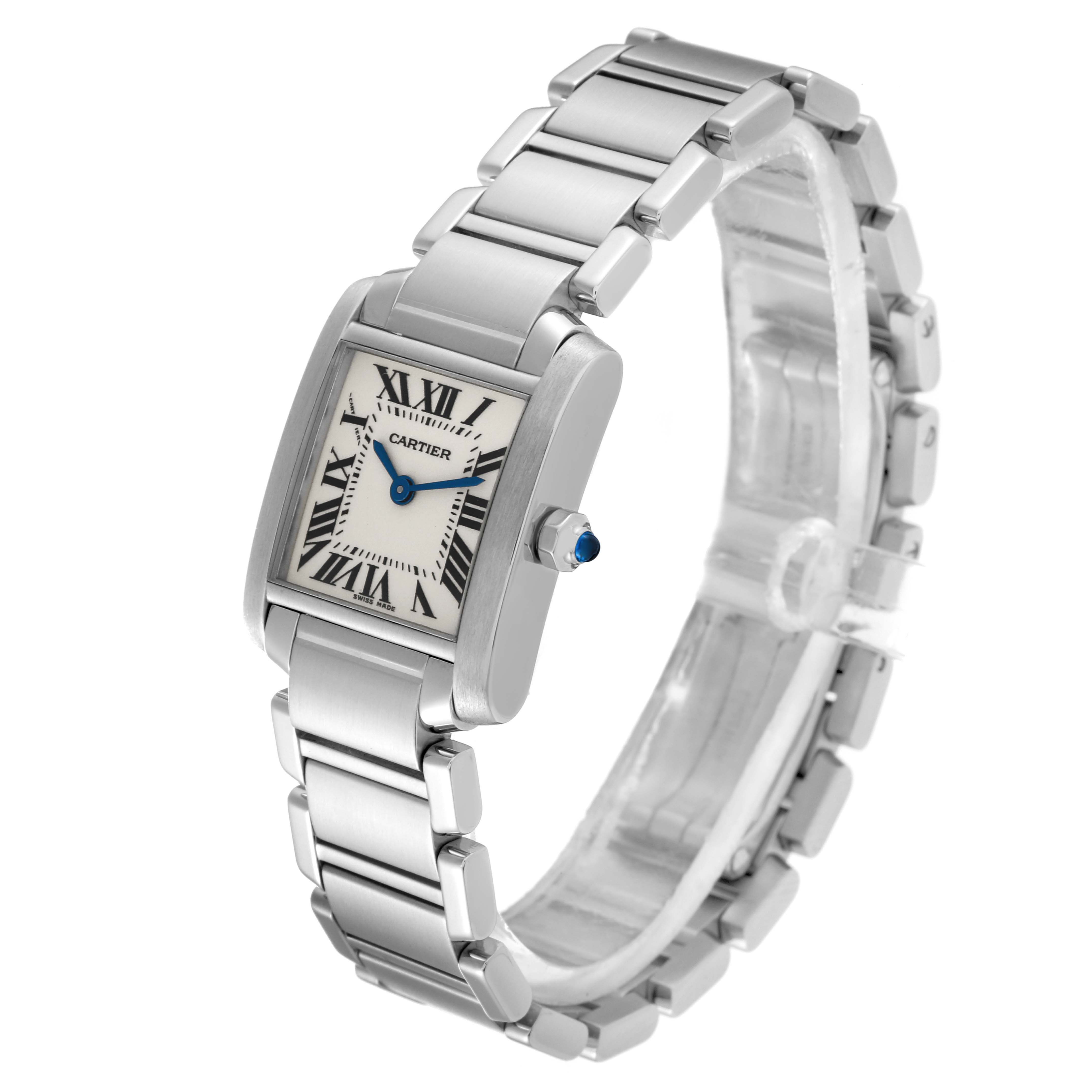 This image shows a Cartier Tank Francaise W51008Q3 Women's Stainless Steel Silver Dial W51008Q3 Women's Stainless Steel Silver Dial watch from a three-quarter angle, highlighting its rectangular face and metal bracelet.