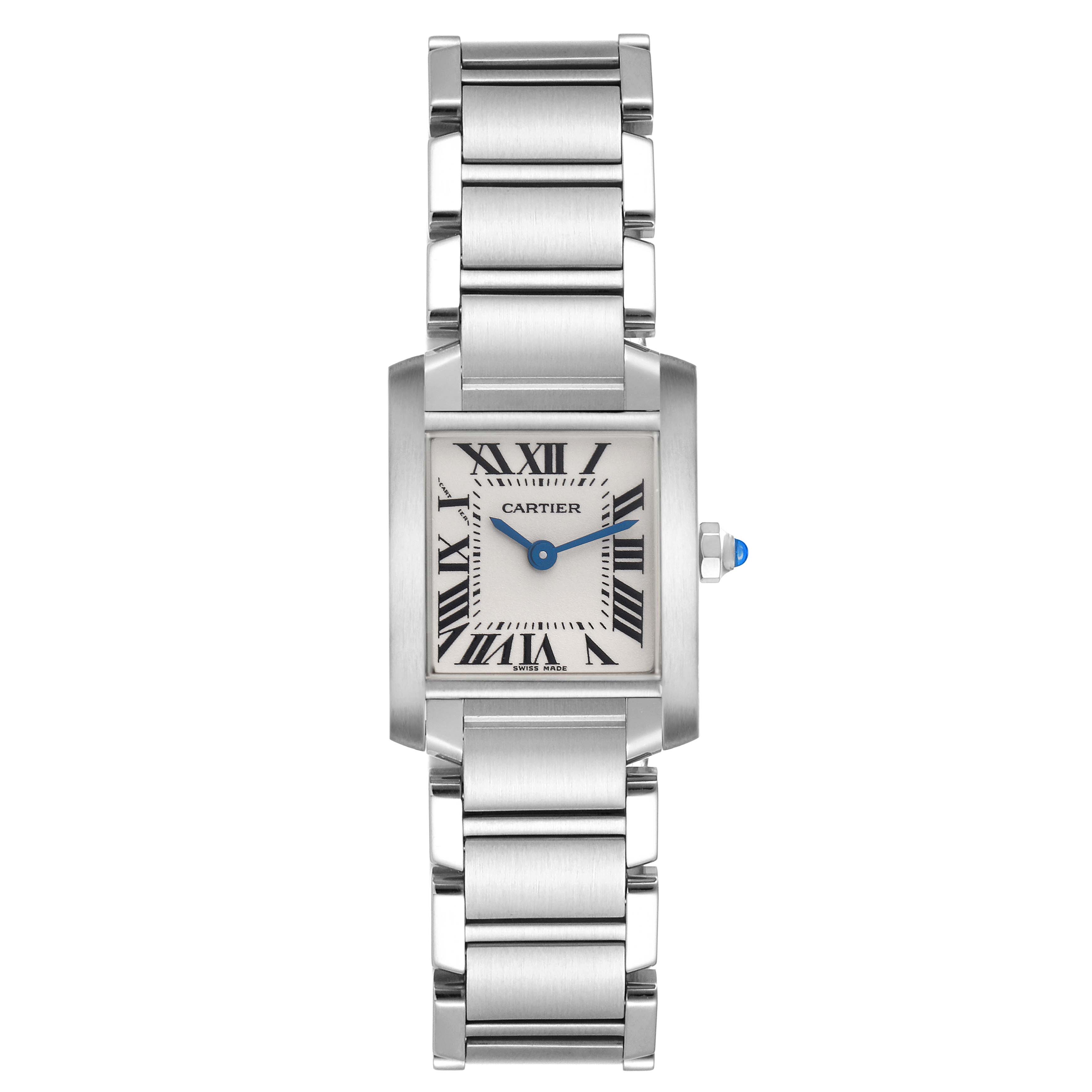 The Cartier Tank Francaise W51008Q3 Women
s Stainless Steel Silver Dial watch is shown from a top-down angle, highlighting its rectangular case, bracelet, and blue hands.