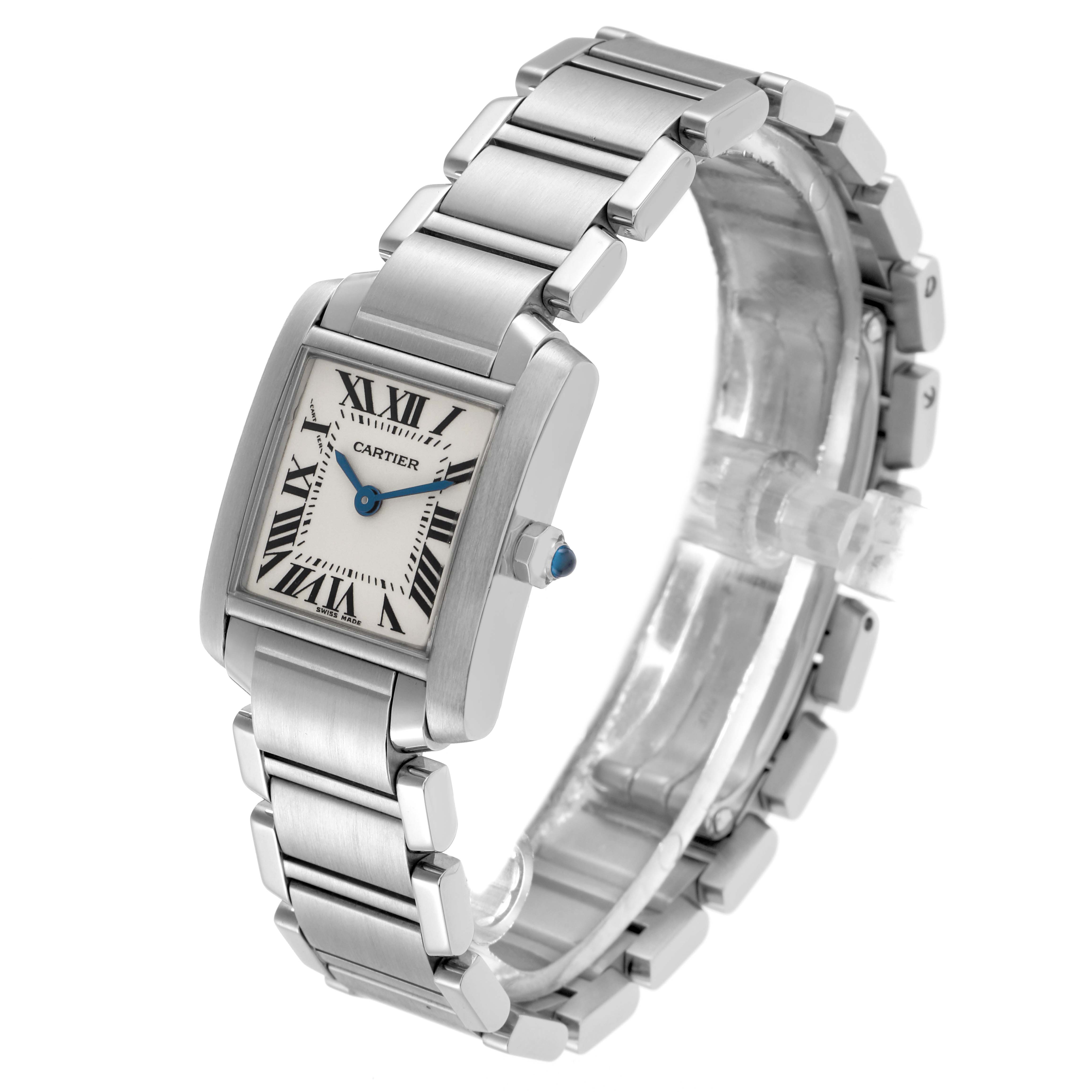 The Cartier Tank Francaise W51008Q3 Women
s Stainless Steel Silver Dial watch is shown at an angle displaying the face, bracelet, and side profile with its crown.