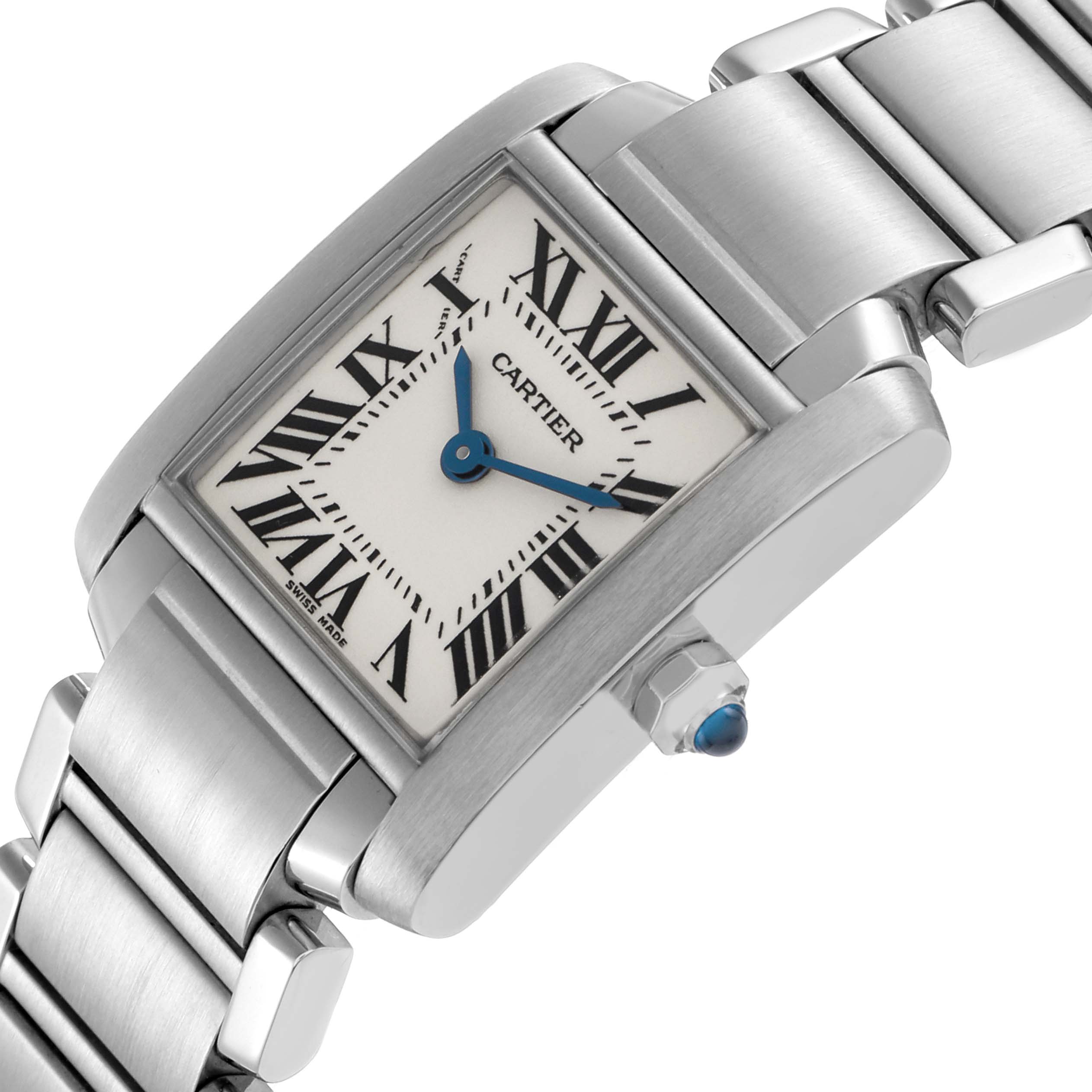 The Cartier Tank Française watch is shown at a slight angle, highlighting its rectangular face, Roman numerals, and metal bracelet.