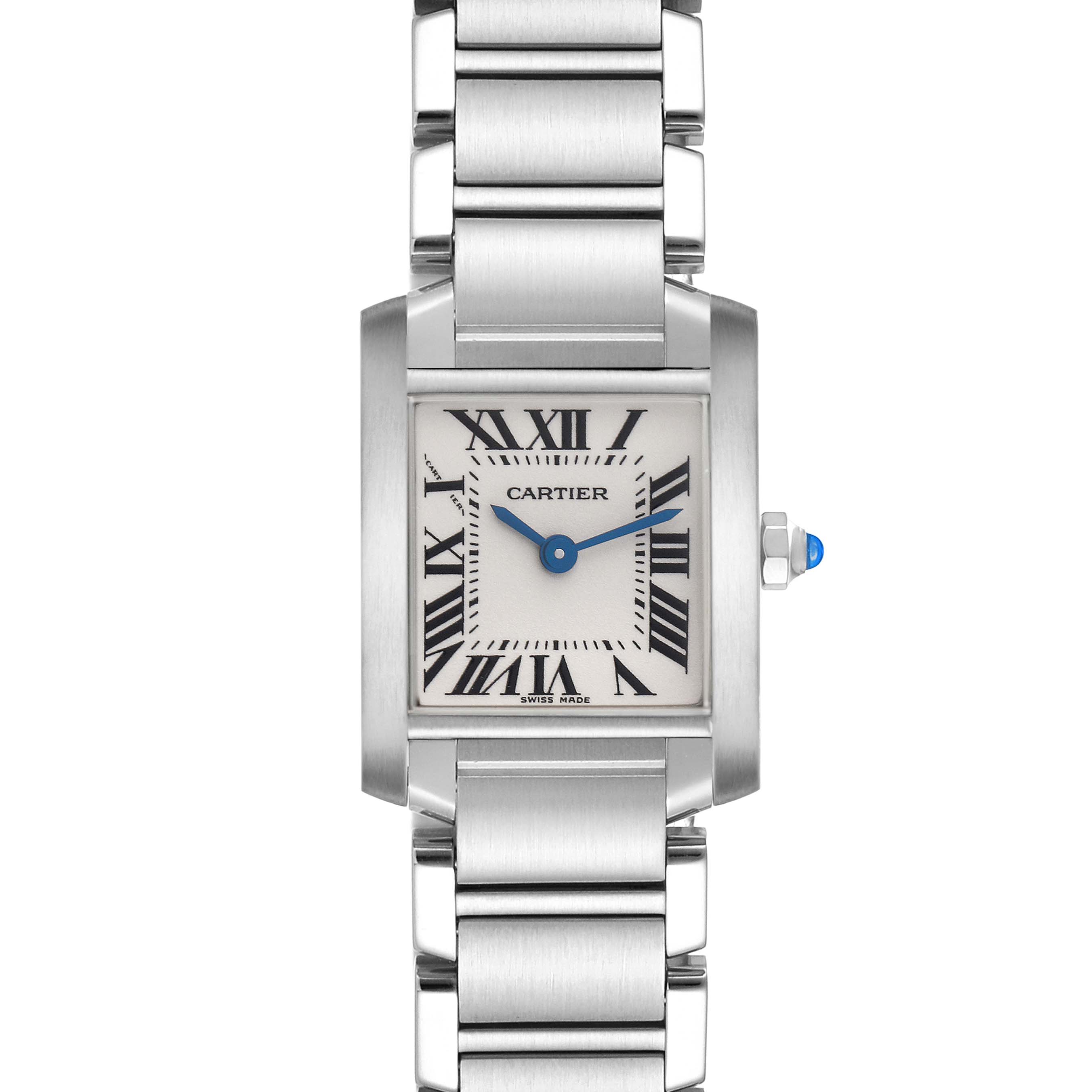 The Cartier Tank Française watch is shown from a front angle, highlighting its square face, Roman numerals, and metal bracelet.