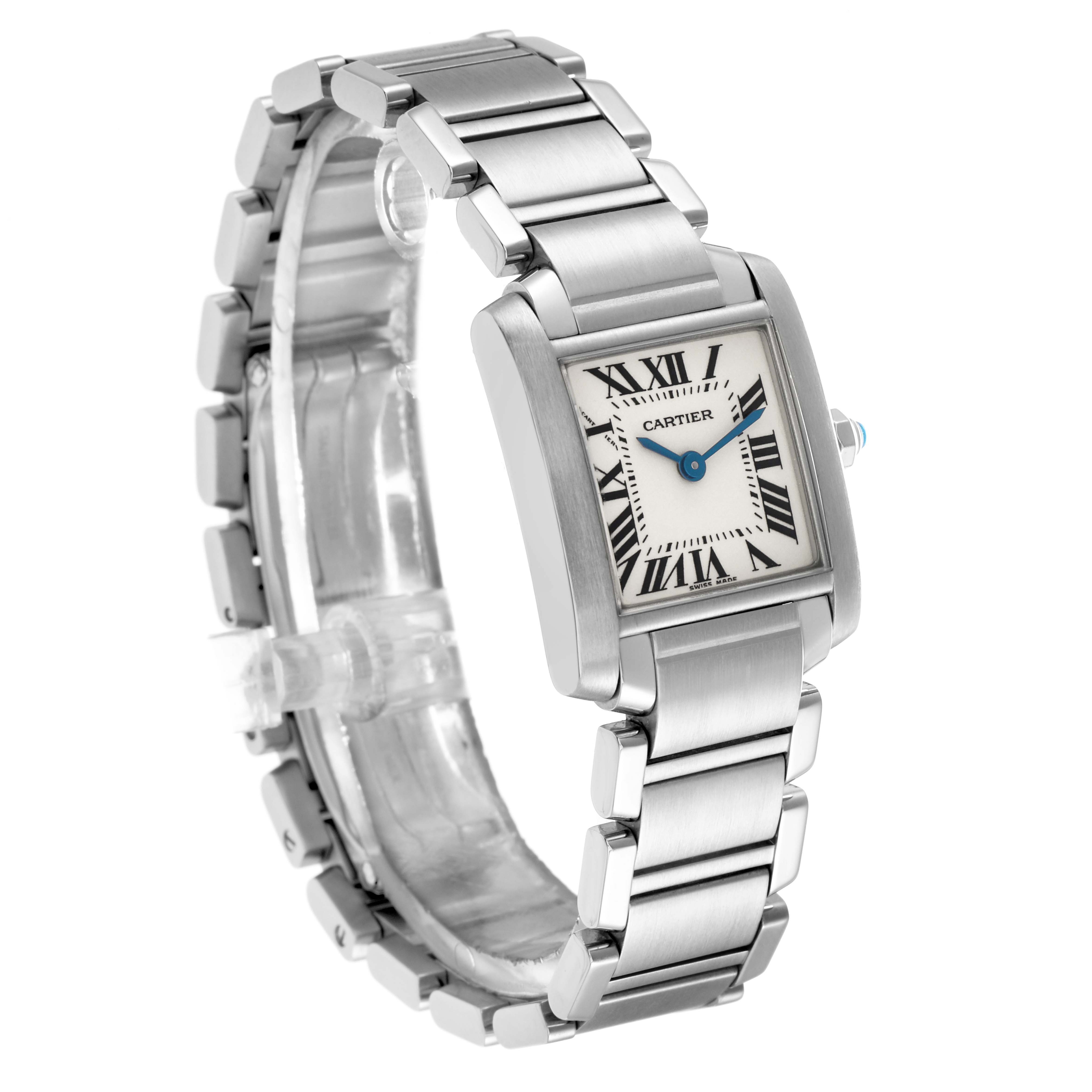 The Cartier Tank Française watch is shown at a three-quarter angle, highlighting the face, strap, and crown detail.