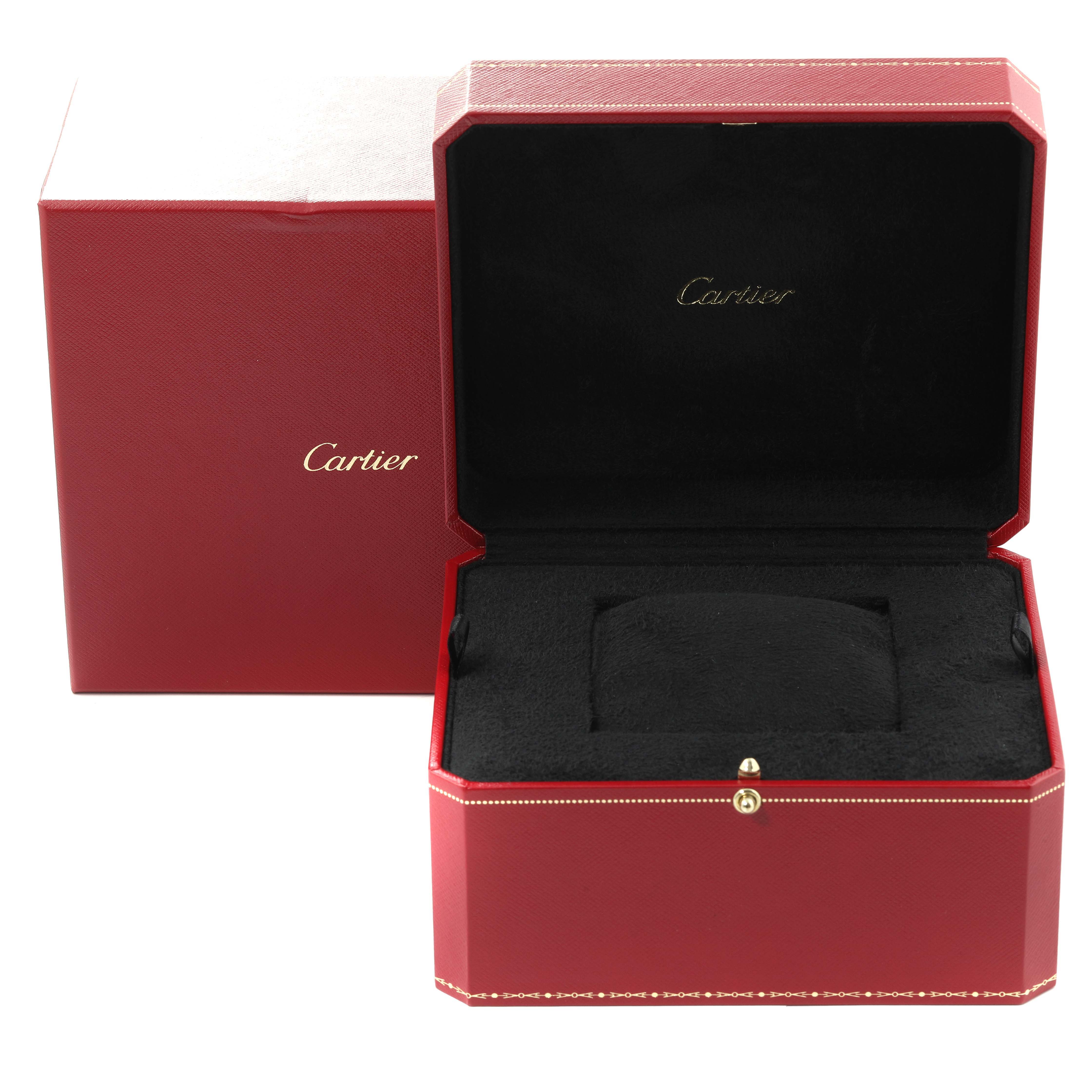 This image shows the open and closed red Cartier watch box, intended for the Tank Francaise model.