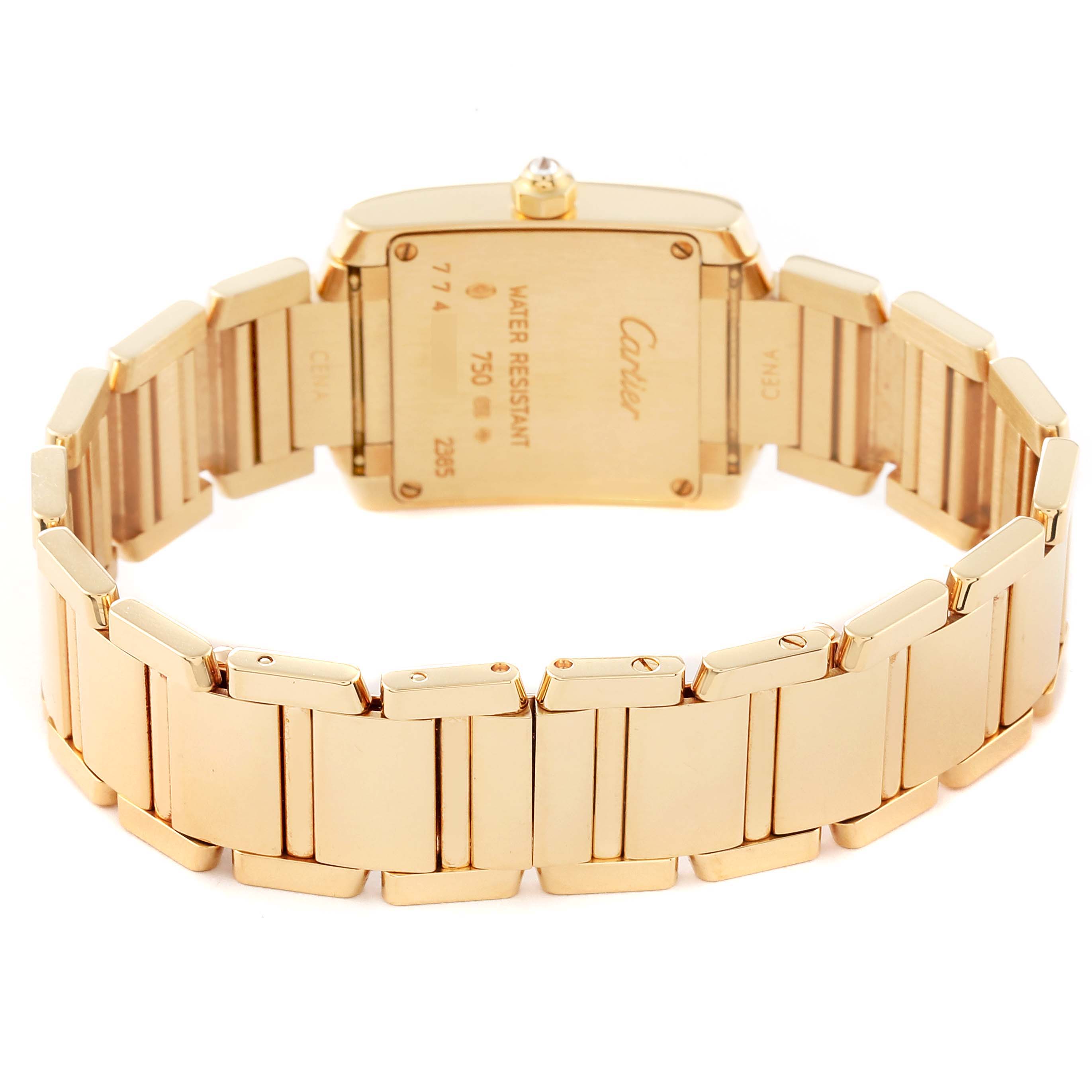 This image shows the back view of a Cartier Tank Française watch, highlighting the rear case and metal bracelet.