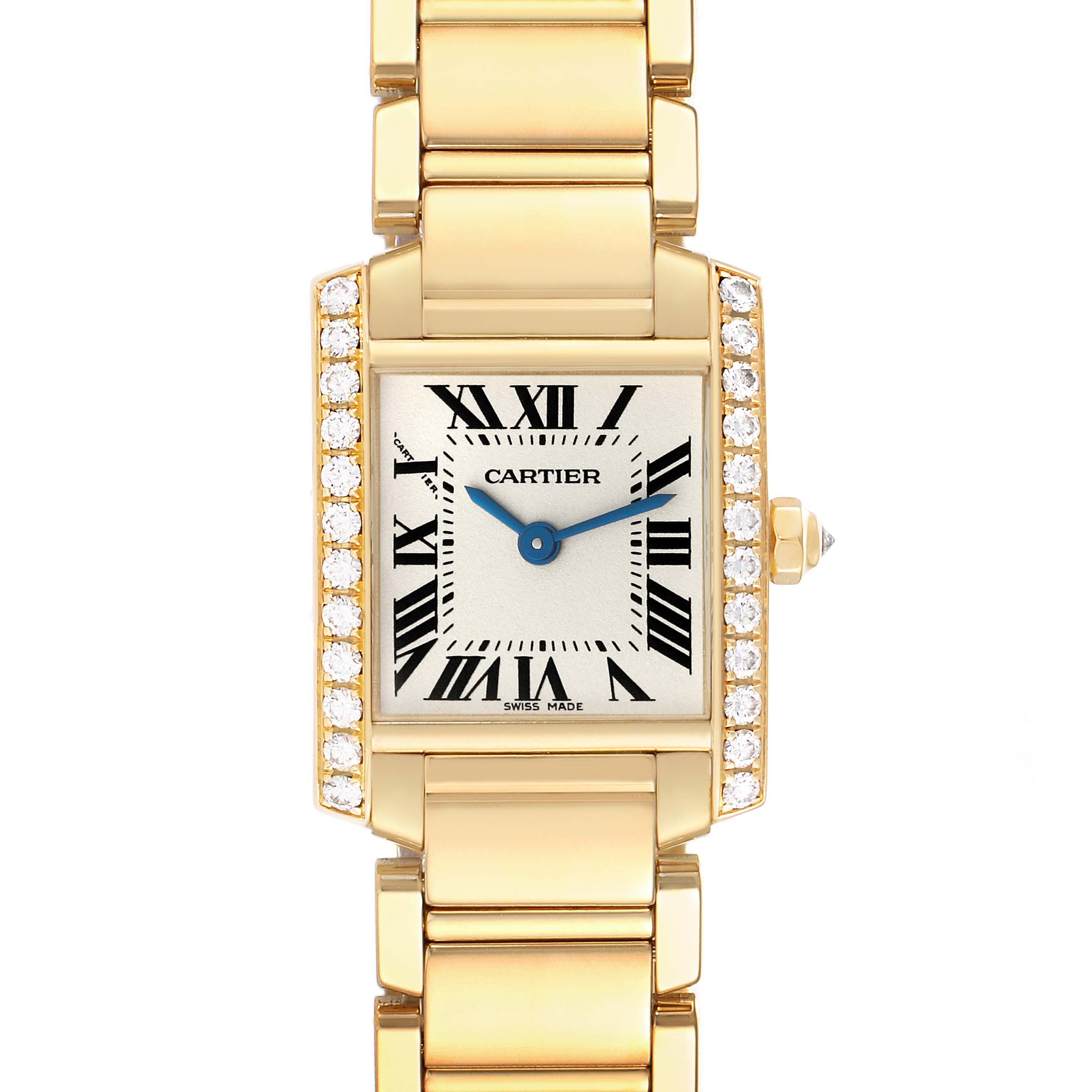 The Cartier Tank Francaise WE1001R8 Women's Yellow Gold Silver Dial WE1001R8 Women's Yellow Gold Silver Dial watch is shown from a top-down angle, highlighting its rectangular face, gold band, and diamond accents.