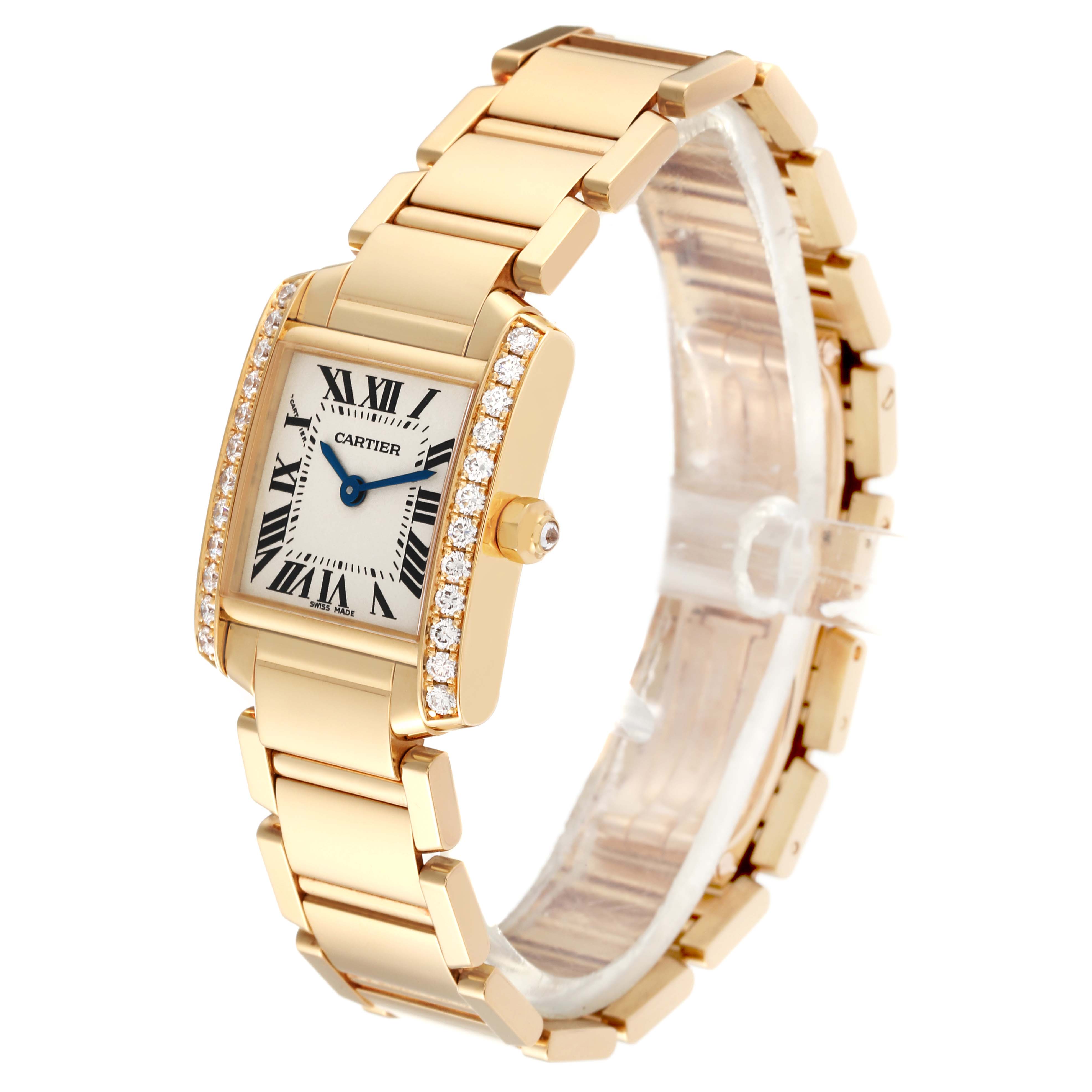 The image shows a Cartier Tank Francaise WE1001R8 Women's Yellow Gold Silver Dial WE1001R8 Women's Yellow Gold Silver Dial watch at a three-quarter angle, highlighting the rectangular face, Roman numerals, and gold bracelet.