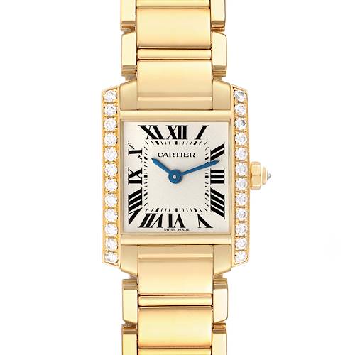 This image shows a Cartier Tank Francaise watch from the front, featuring a gold case with diamond accents and a gold bracelet.