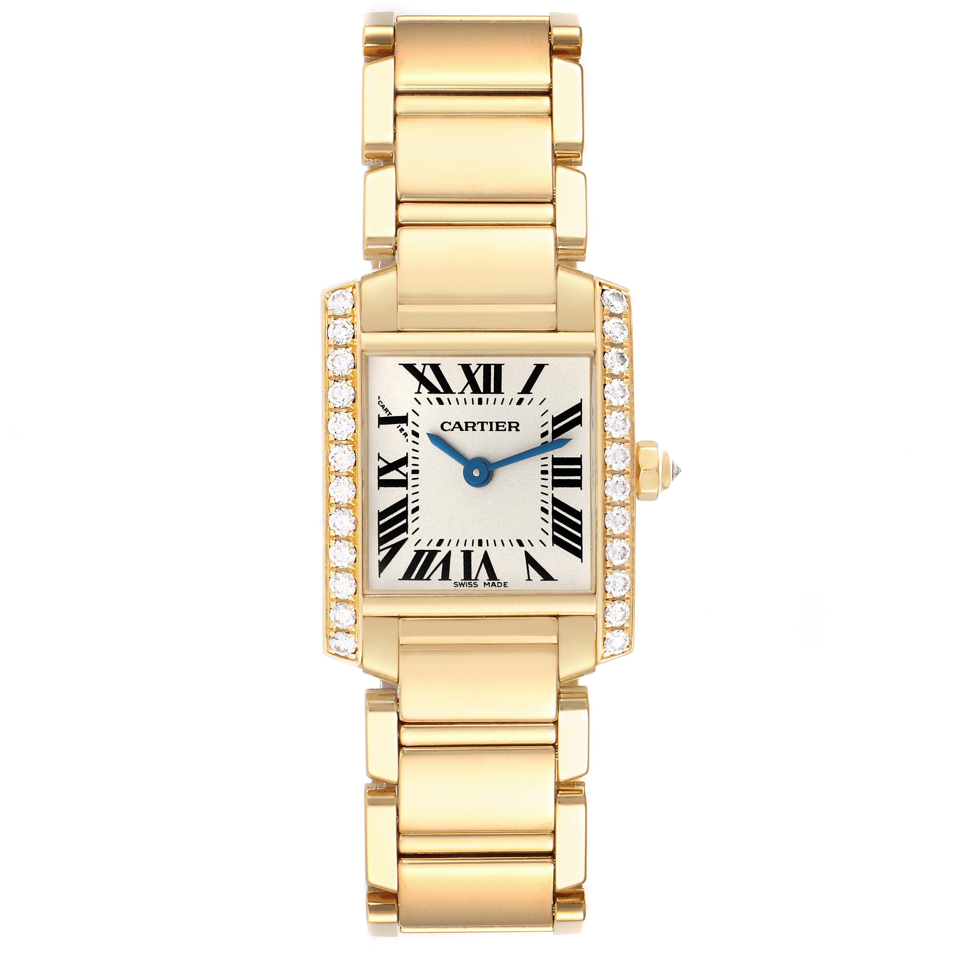 The image shows a front view of a Cartier Tank Francaise WE1001R8 Women's Yellow Gold Silver Dial WE1001R8 Women's Yellow Gold Silver Dial watch, highlighting its gold band, rectangular face, Roman numeral markers, and diamond-encrusted bezel.