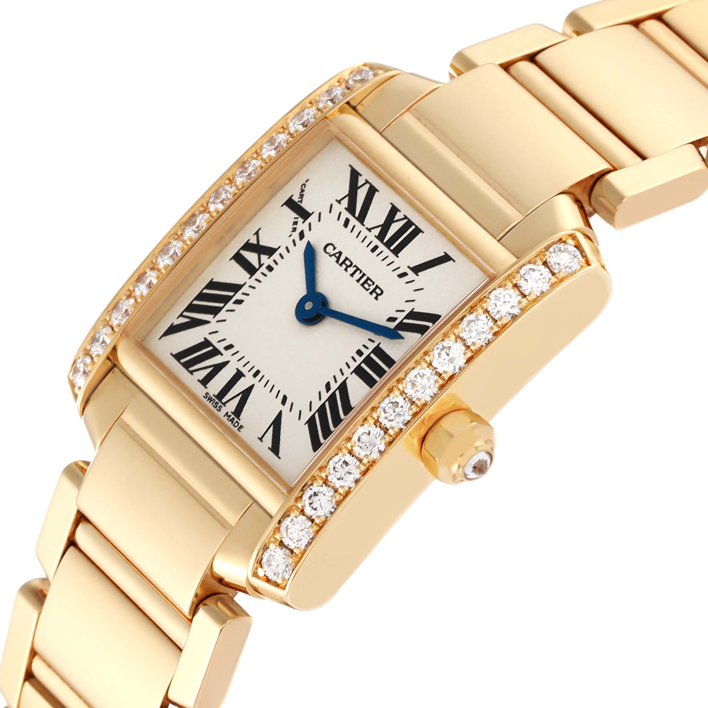 This Cartier Tank Francaise WE1001R8 Women's Yellow Gold Silver Dial WE1001R8 Women's Yellow Gold Silver Dial watch is shown at an angle highlighting its face, bracelet, and diamond-studded bezel.