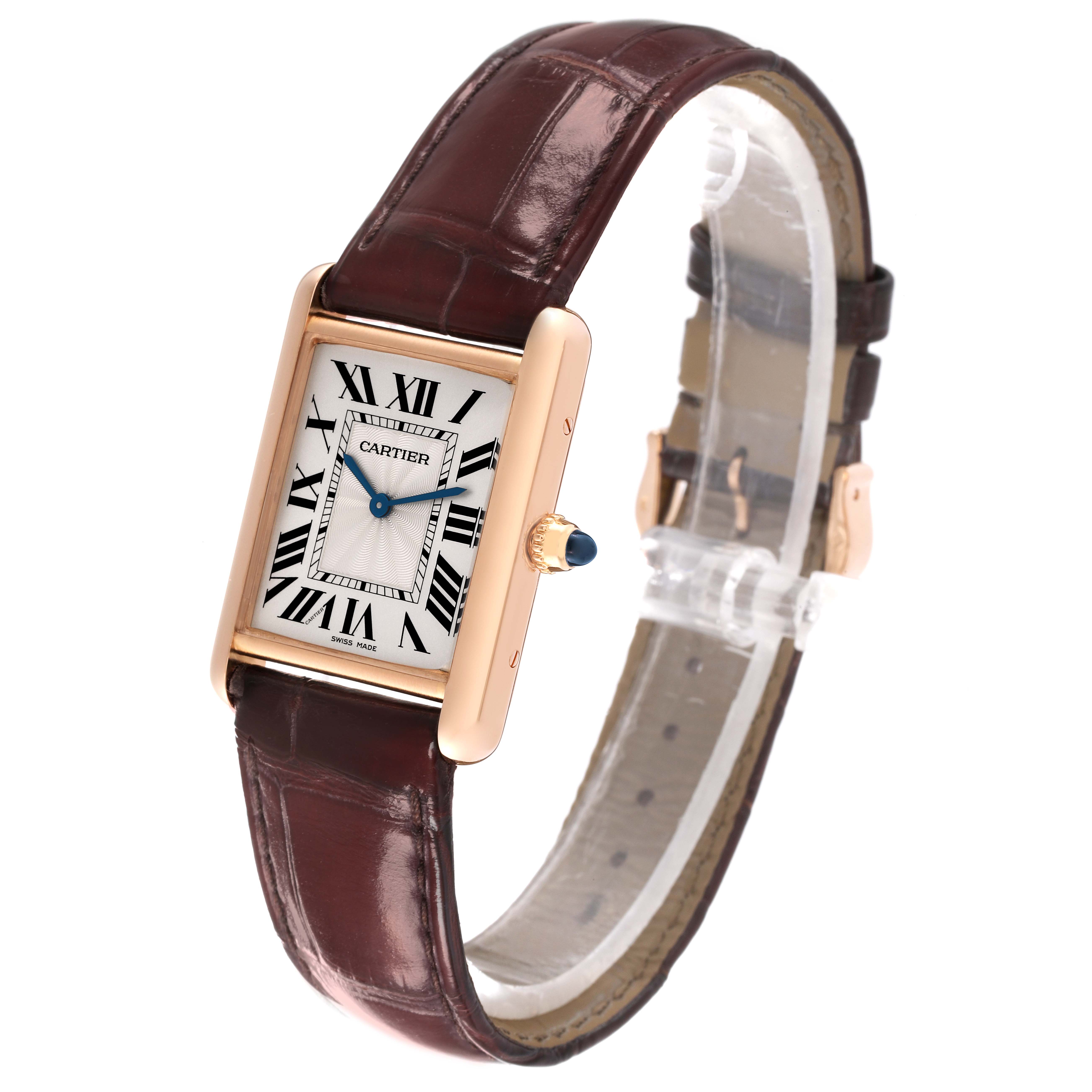 This image shows a Cartier Tank Louis WGTA0011 Men's Rose Gold Silver Dial WGTA0011 Men's Rose Gold Silver Dial model watch at a slight side angle, revealing the face, crown, and brown leather strap.