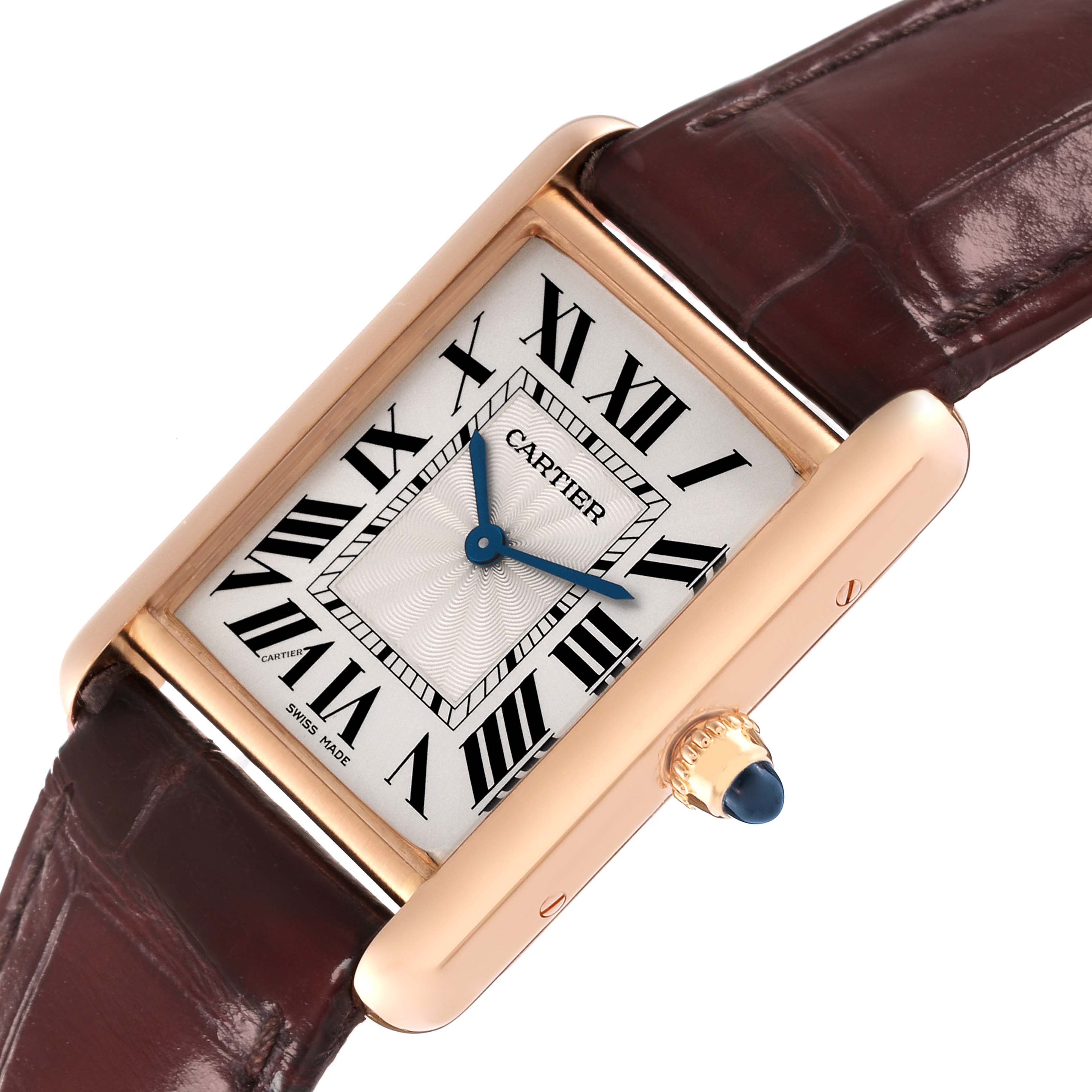 The image shows Cartier Tank Louis WGTA0011 Men's Rose Gold Silver Dial WGTA0011 Men's Rose Gold Silver Dial model at an angle highlighting the dial, Roman numerals, crown, and leather strap.