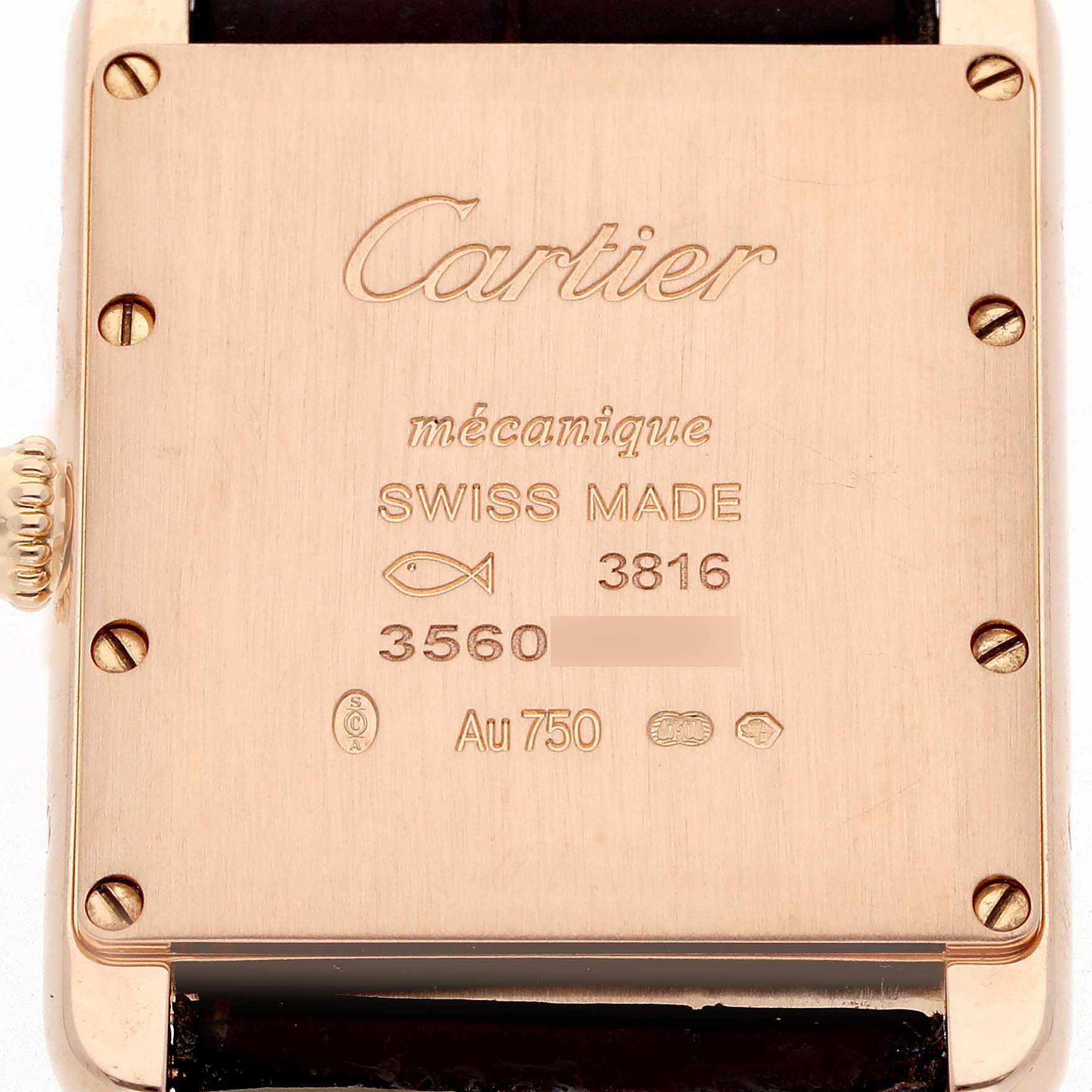 The image shows the back case of a Cartier Tank Louis WGTA0011 Men's Rose Gold Silver Dial WGTA0011 Men's Rose Gold Silver Dial watch at a straight-on angle, highlighting engravings and hallmark details.