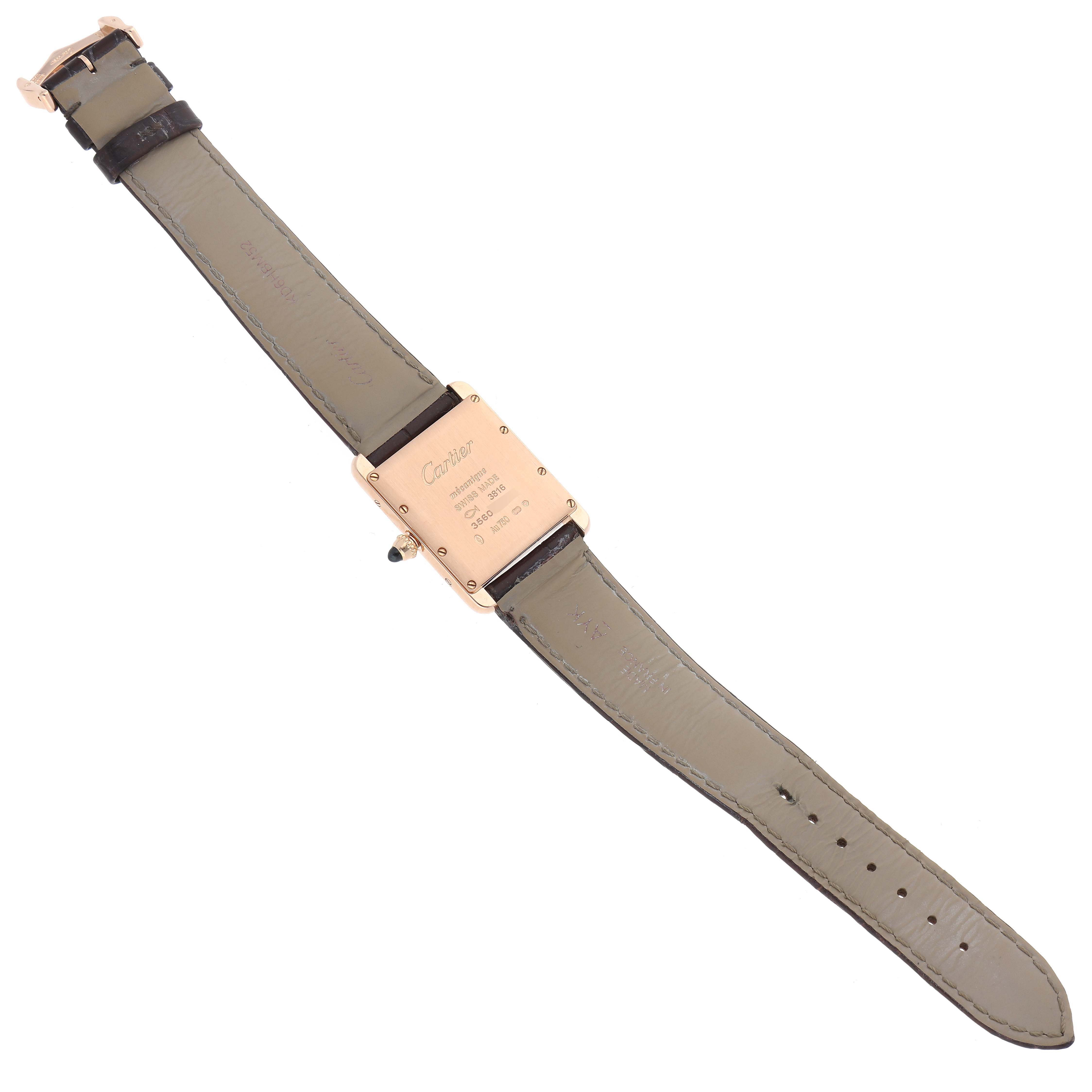 The image displays the back of the Cartier Tank Louis WGTA0011 Men's Rose Gold Silver Dial WGTA0011 Men's Rose Gold Silver Dial watch, showing the case back, strap, and buckle.