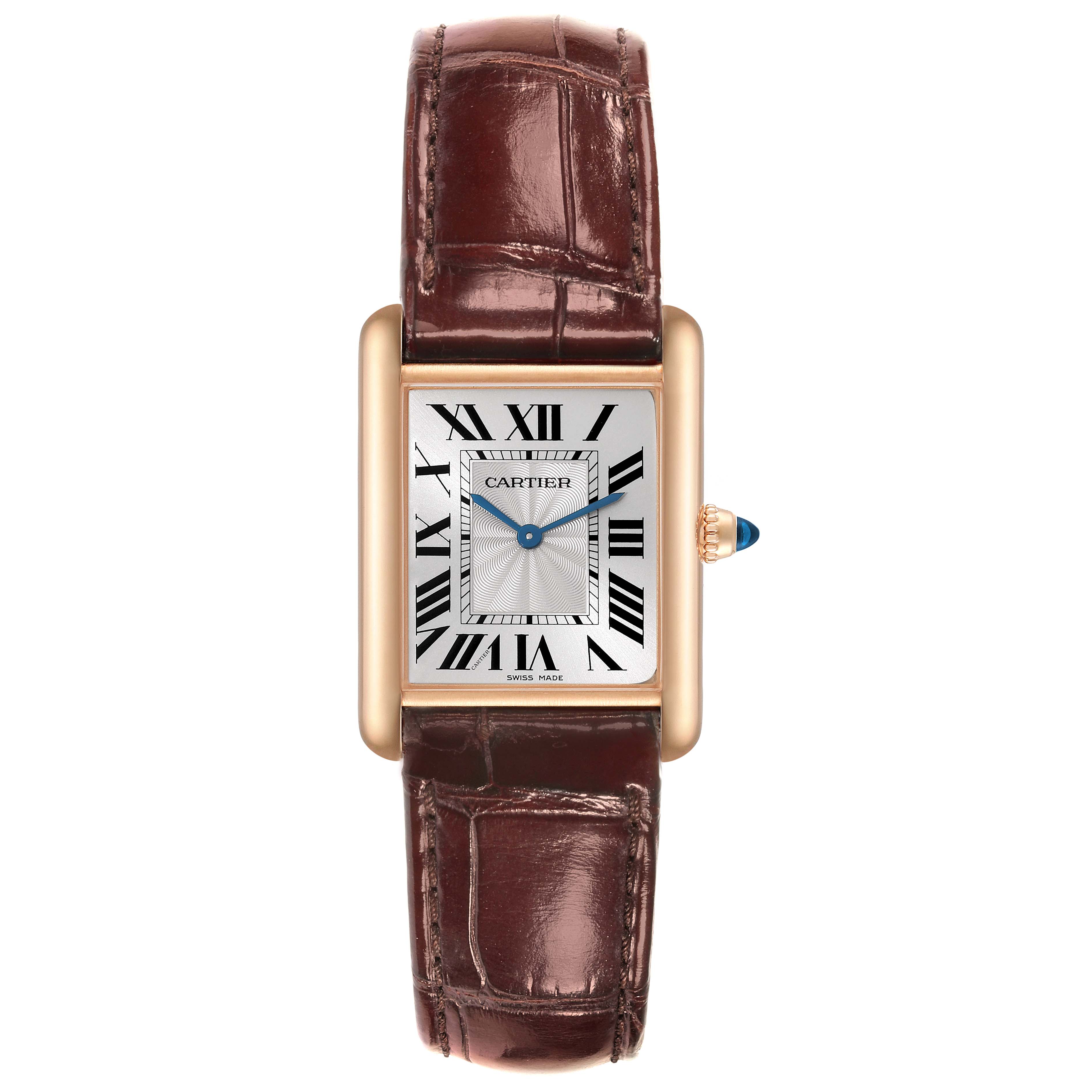 The image shows a front view of the Cartier Tank Louis WGTA0011 Men's Rose Gold Silver Dial WGTA0011 Men's Rose Gold Silver Dial watch, highlighting its rectangular case, leather strap, and Roman numeral dial.