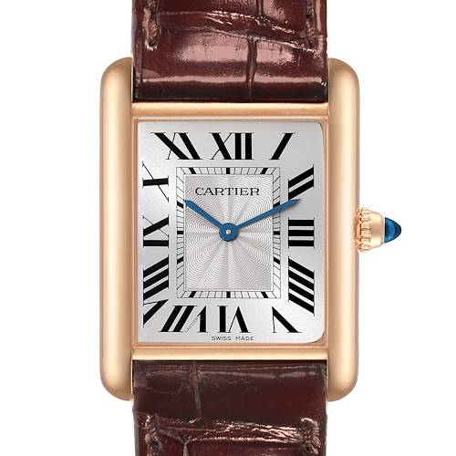 The Cartier Tank Louis watch is shown from the front, displaying the face, Roman numerals, hands, and part of the strap.