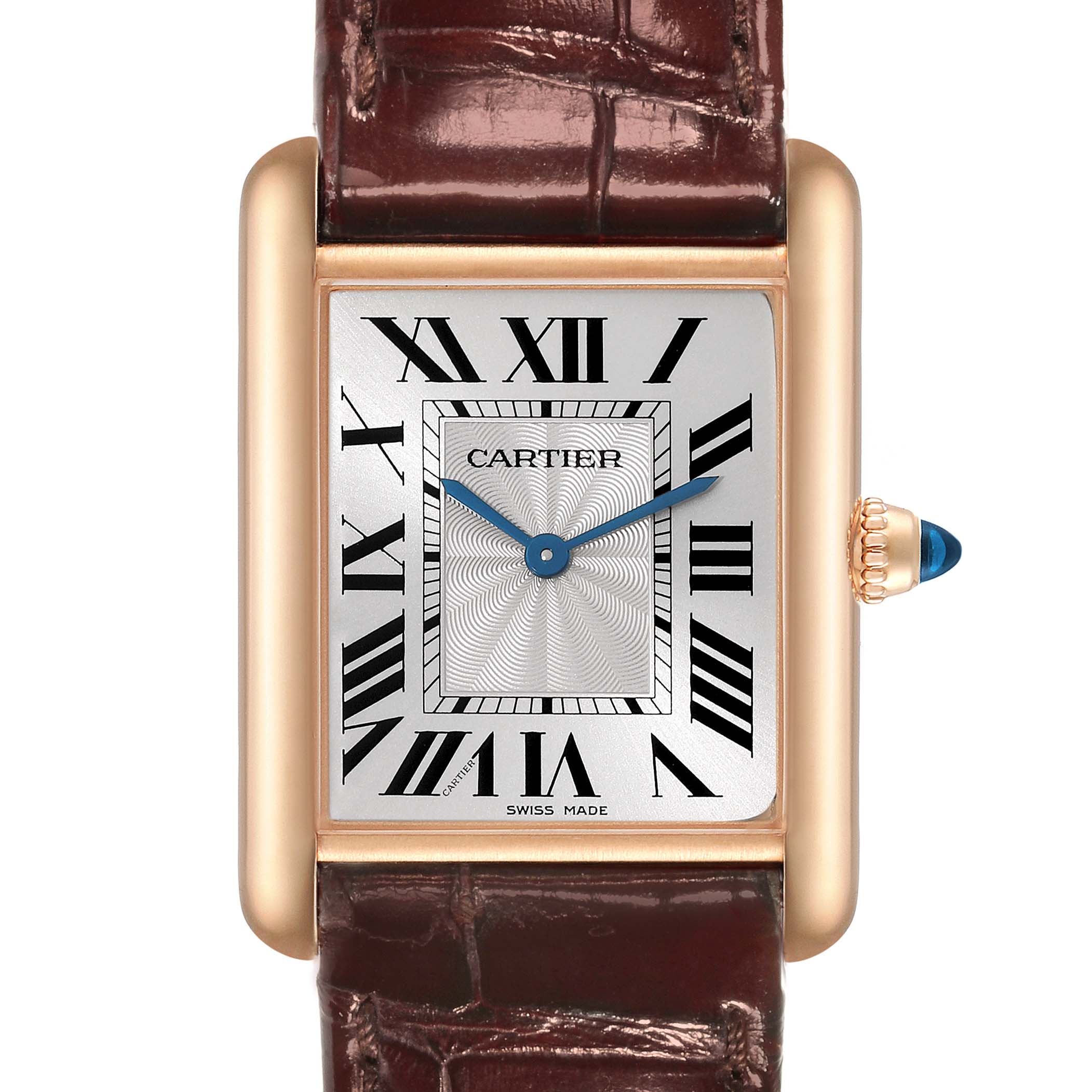 The image shows the face and part of the brown leather strap of the Cartier Tank Louis WGTA0011 Men's Rose Gold Silver Dial WGTA0011 Men's Rose Gold Silver Dial watch from a frontal angle.
