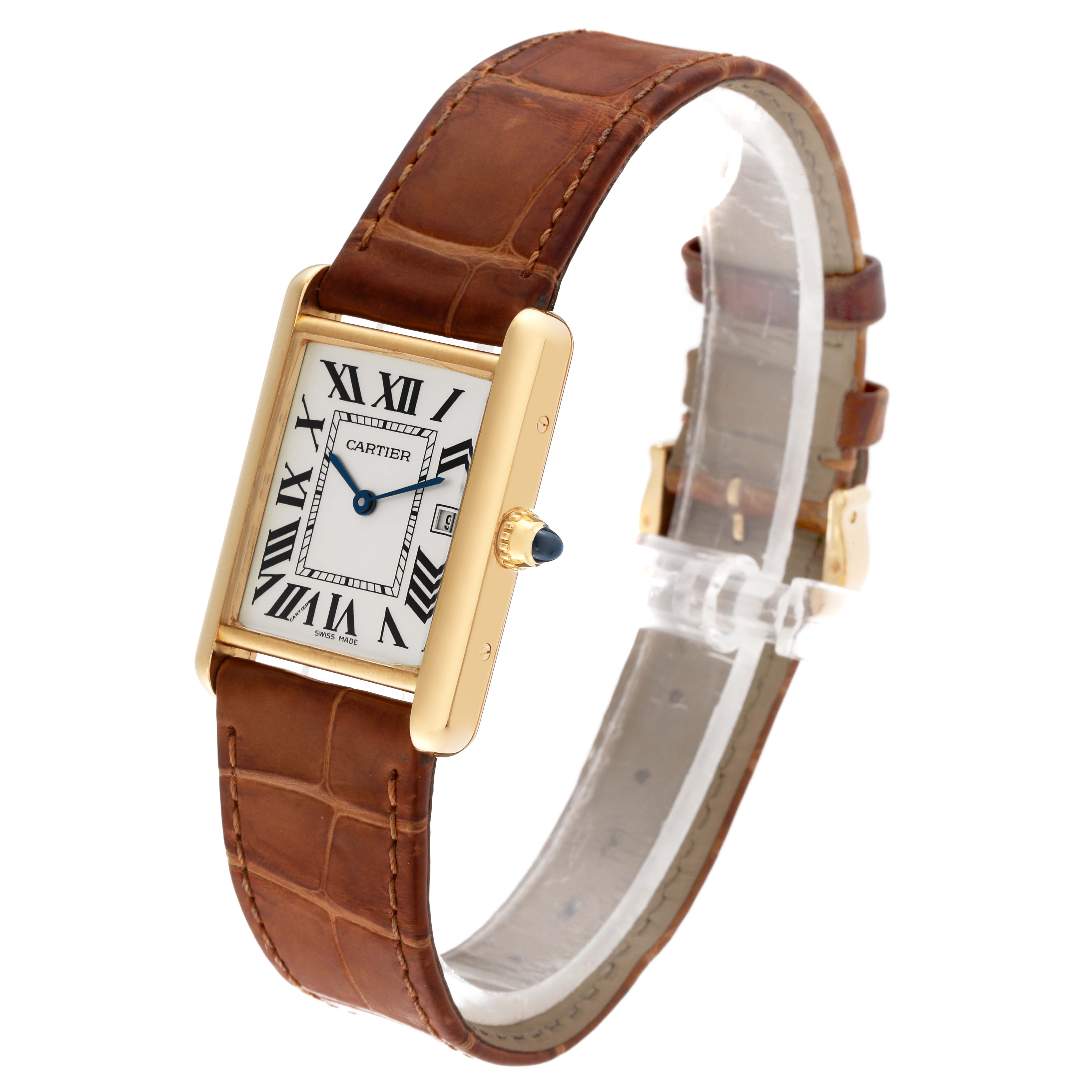 The Cartier Tank Louis W1529756 Men's Yellow Gold Silver Dial W1529756 Men's Yellow Gold Silver Dial watch is shown at a slight angle, highlighting its rectangular face, gold case, and brown leather strap.