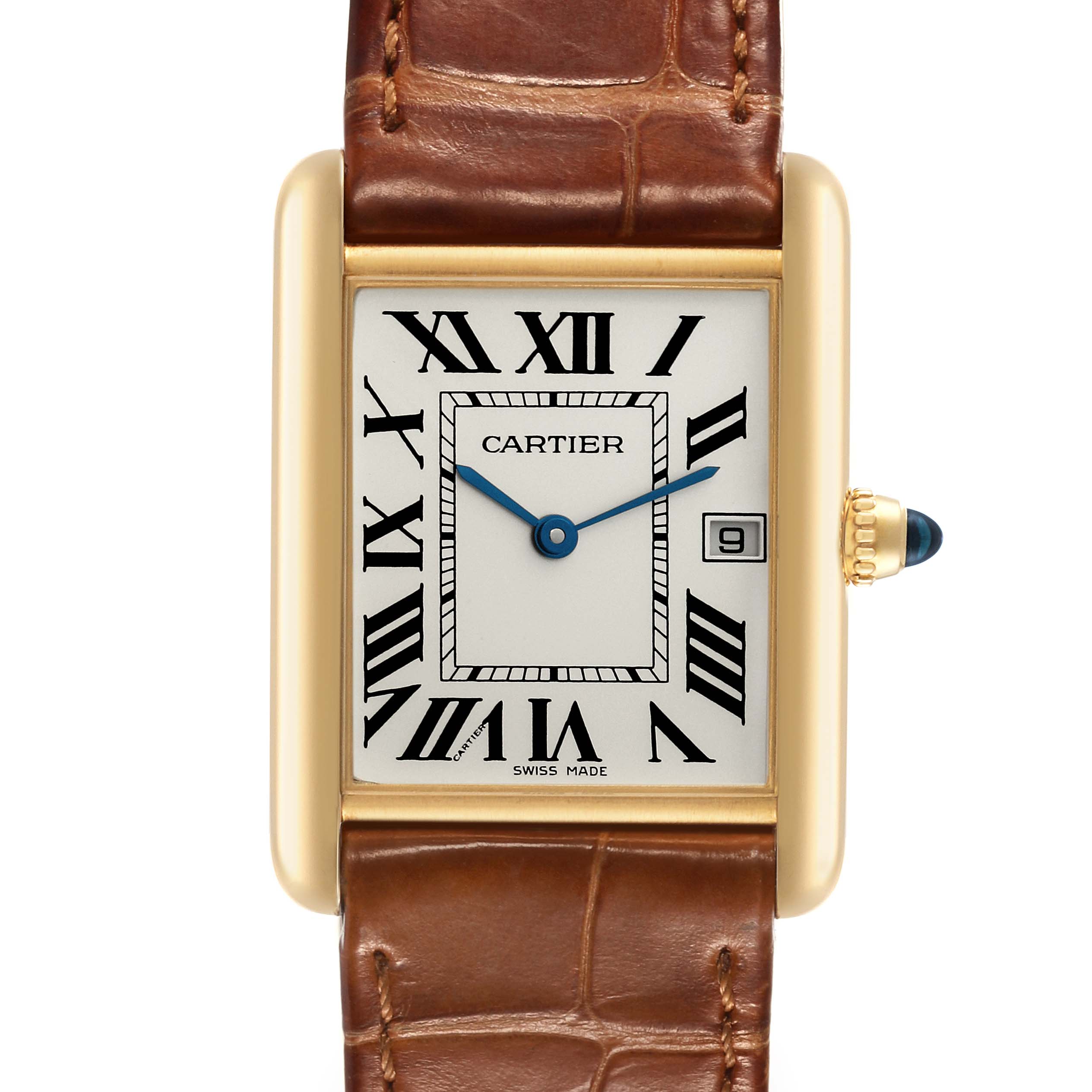 The image shows a close-up of the Cartier Tank Louis W1529756 Men's Yellow Gold Silver Dial W1529756 Men's Yellow Gold Silver Dial watch face, including its Roman numeral dial, brown leather strap, and date display.