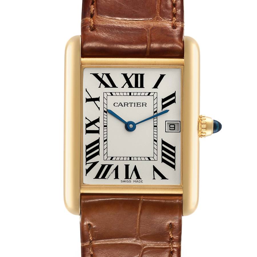 Cartier Tank Louis Yellow Gold Brown Leather Strap Mens Watch W1529756 Card SwissWatchExpo