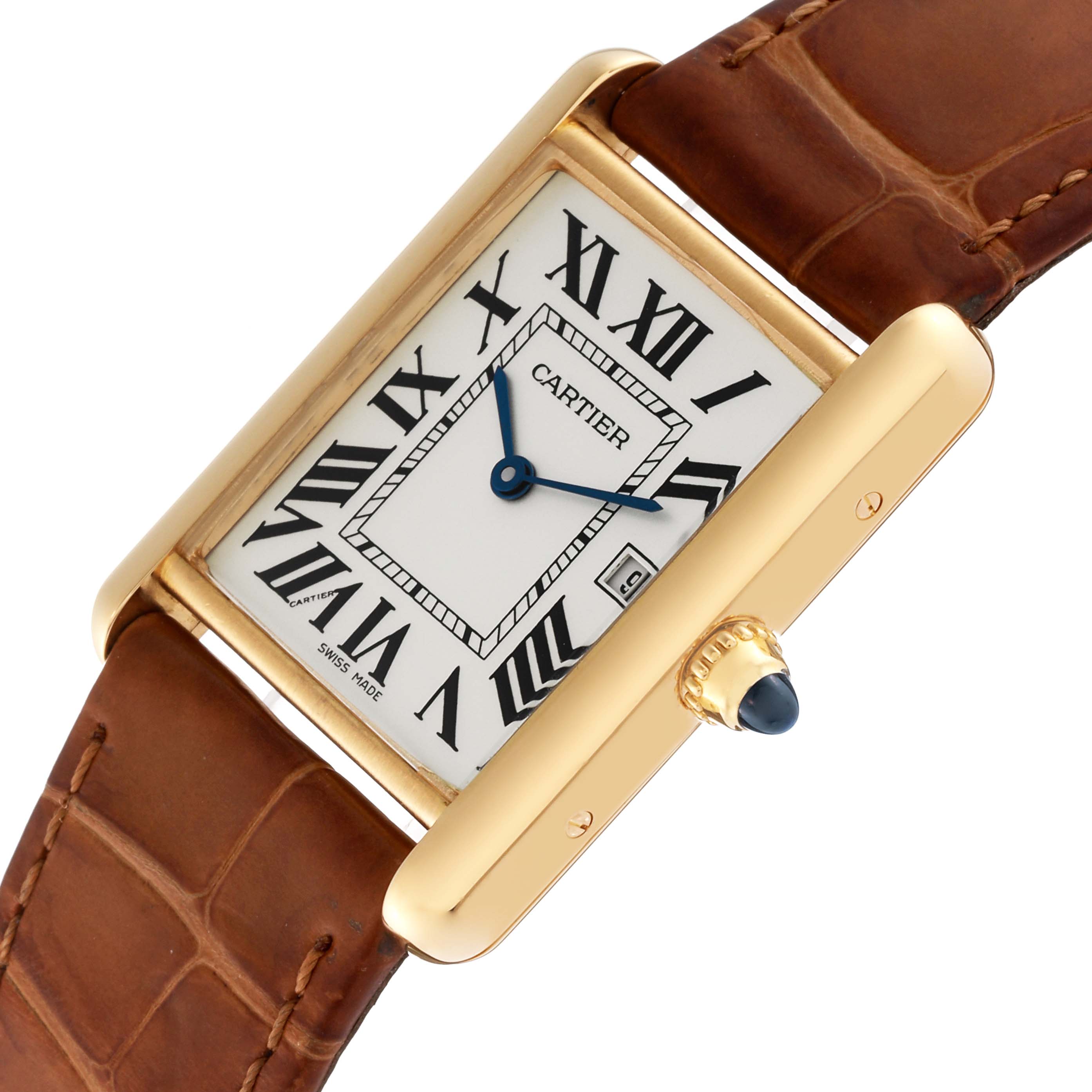 The image shows a Cartier Tank Louis W1529756 Men's Yellow Gold Silver Dial W1529756 Men's Yellow Gold Silver Dial watch from the front at a slight angle, highlighting its dial, crown, and leather strap.