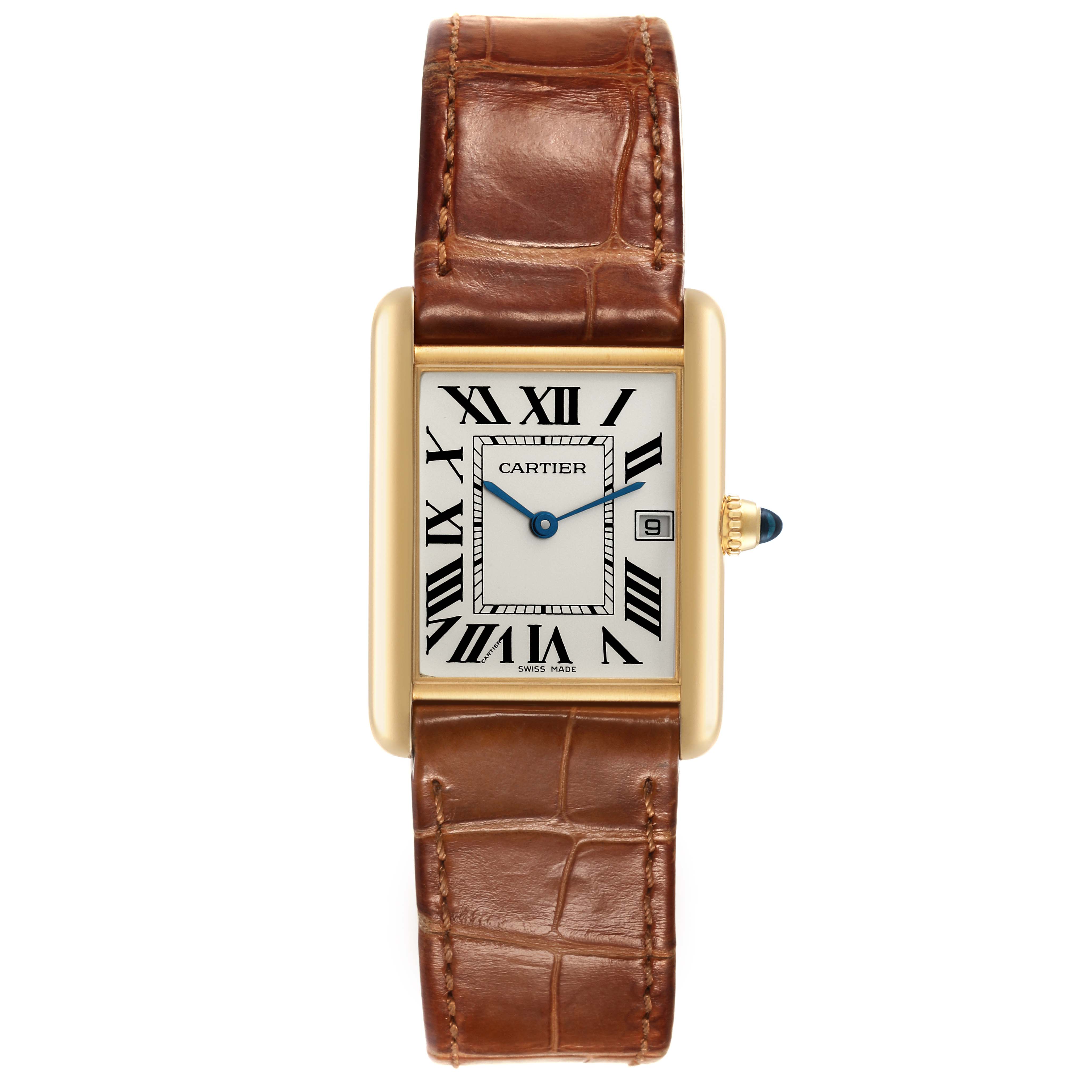 The image shows a frontal view of the Cartier Tank Louis W1529756 Men's Yellow Gold Silver Dial W1529756 Men's Yellow Gold Silver Dial watch, displaying its face, leather strap, and crown.