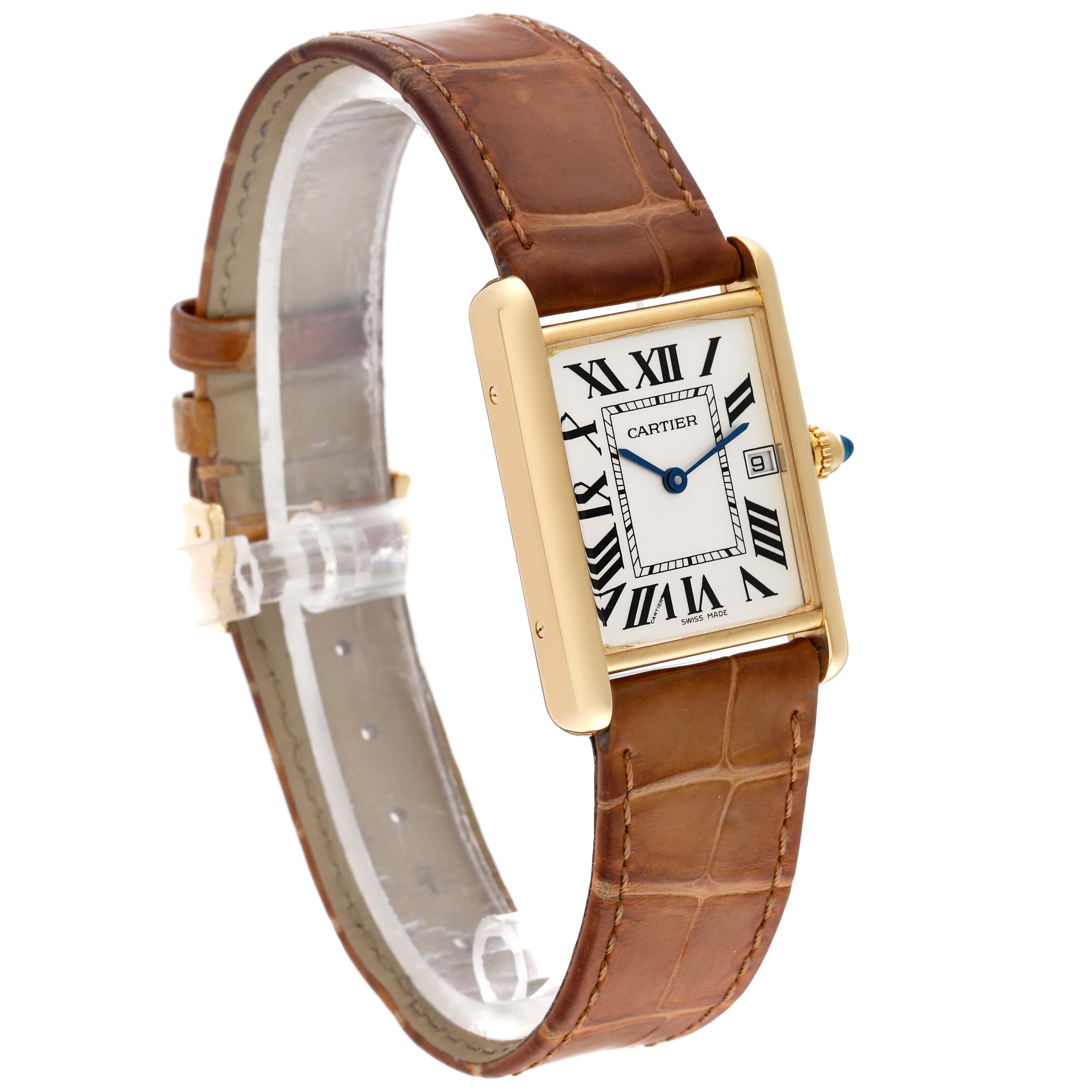 The image shows a side-angle view of a Cartier Tank Louis W1529756 Men's Yellow Gold Silver Dial W1529756 Men's Yellow Gold Silver Dial model watch, detailing its rectangular face and brown leather strap.