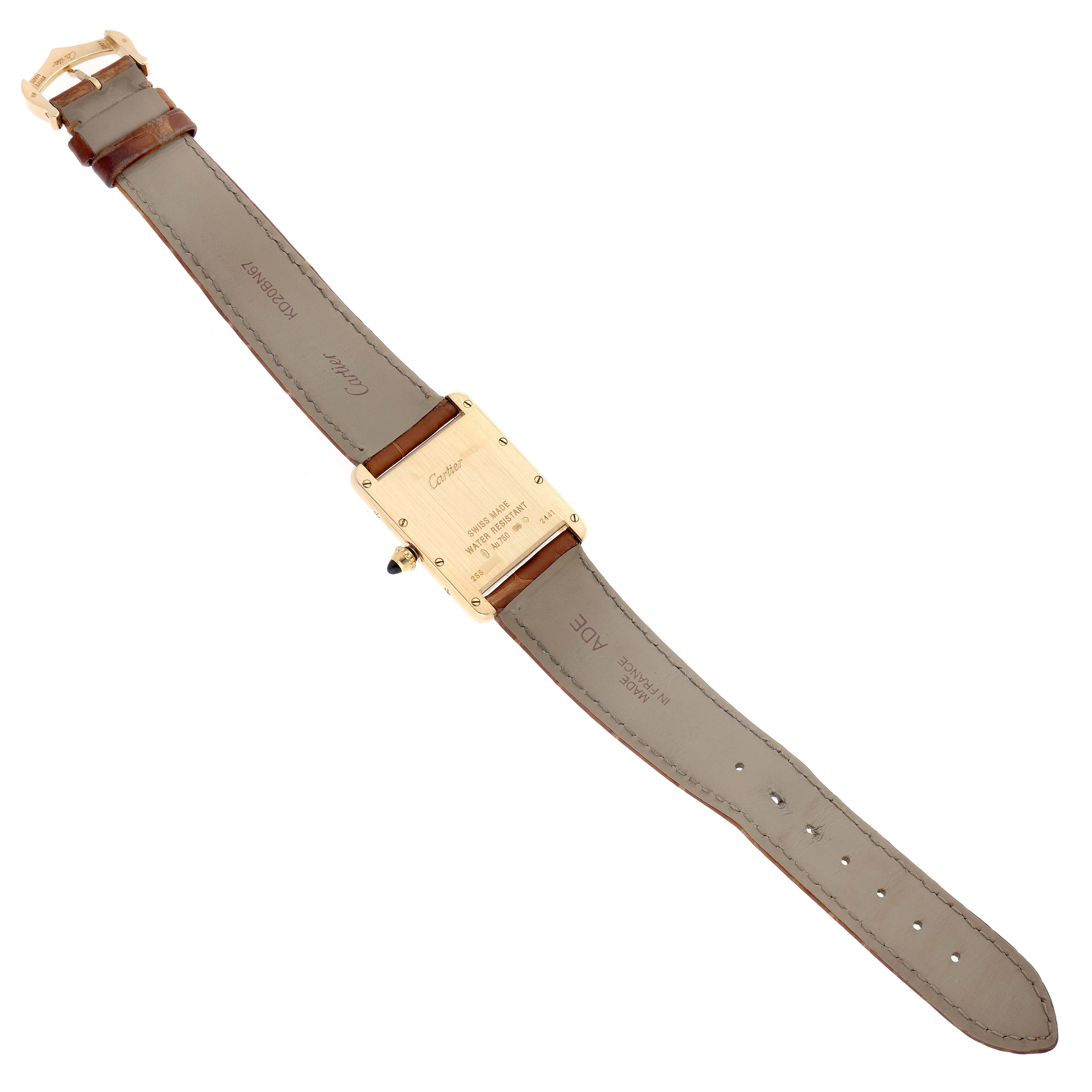 The image shows the back side and strap of a Cartier Tank Louis W1529756 Men's Yellow Gold Silver Dial W1529756 Men's Yellow Gold Silver Dial watch, illustrating its buckle, strap, and case back.