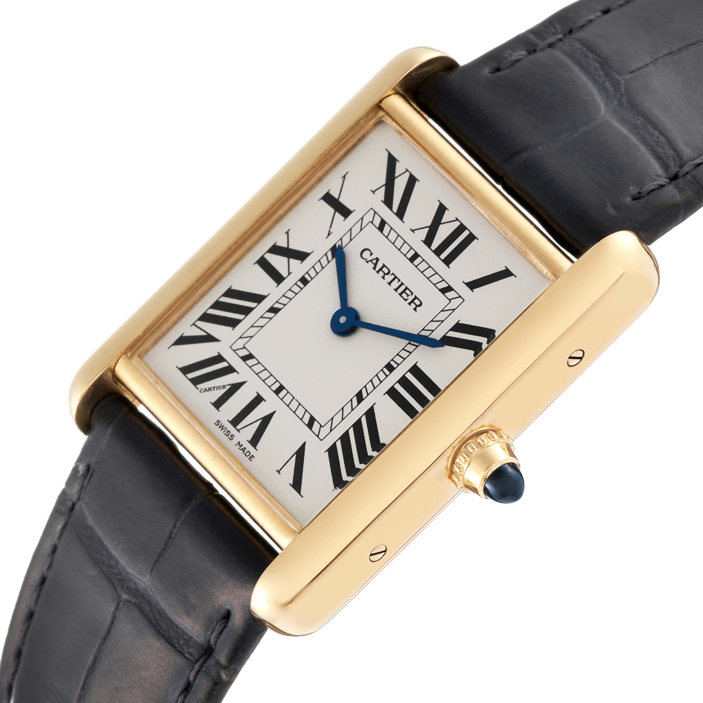 The image shows a close-up, tilted view of a Cartier Tank Louis WGTA0067 Men's Yellow Gold Silver Dial WGTA0067 Men's Yellow Gold Silver Dial watch featuring its gold casing, dial with Roman numerals, and leather strap.