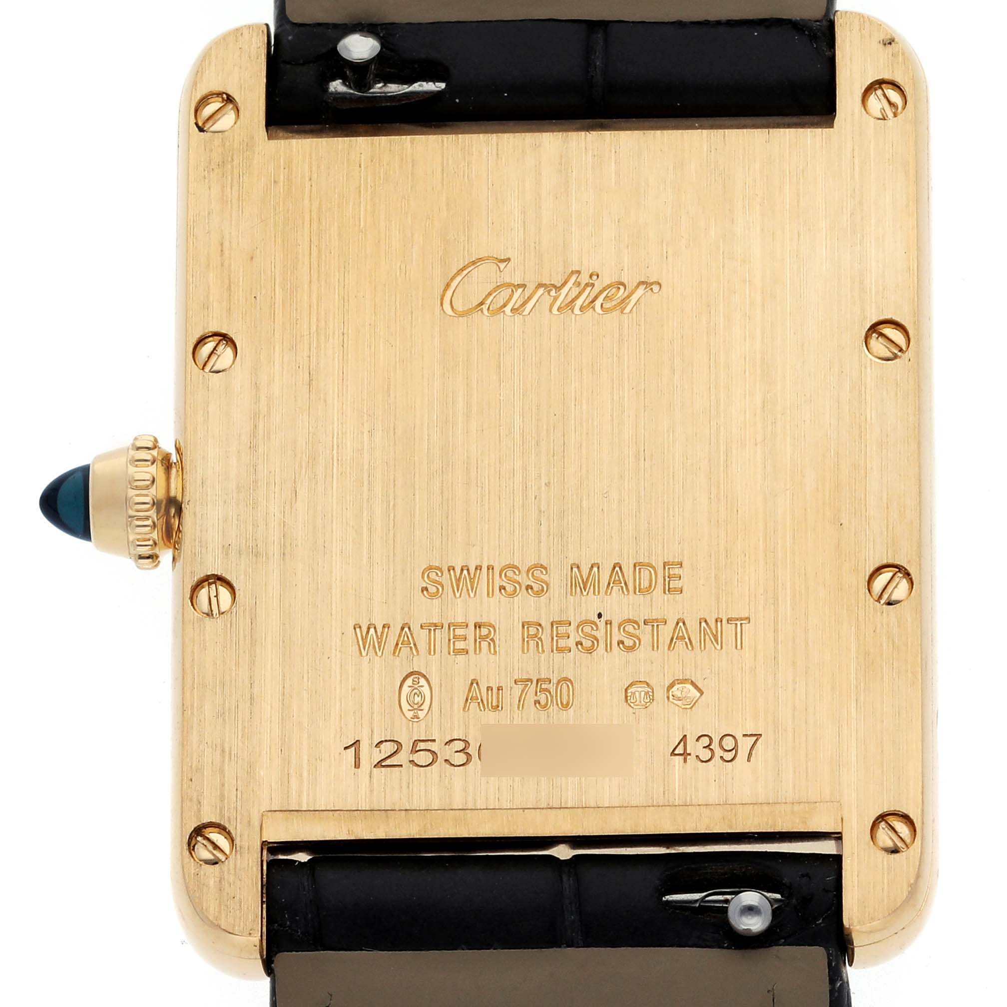 This image shows the back view of the Tank Louis model by Cartier, displaying engravings and part of the leather strap.