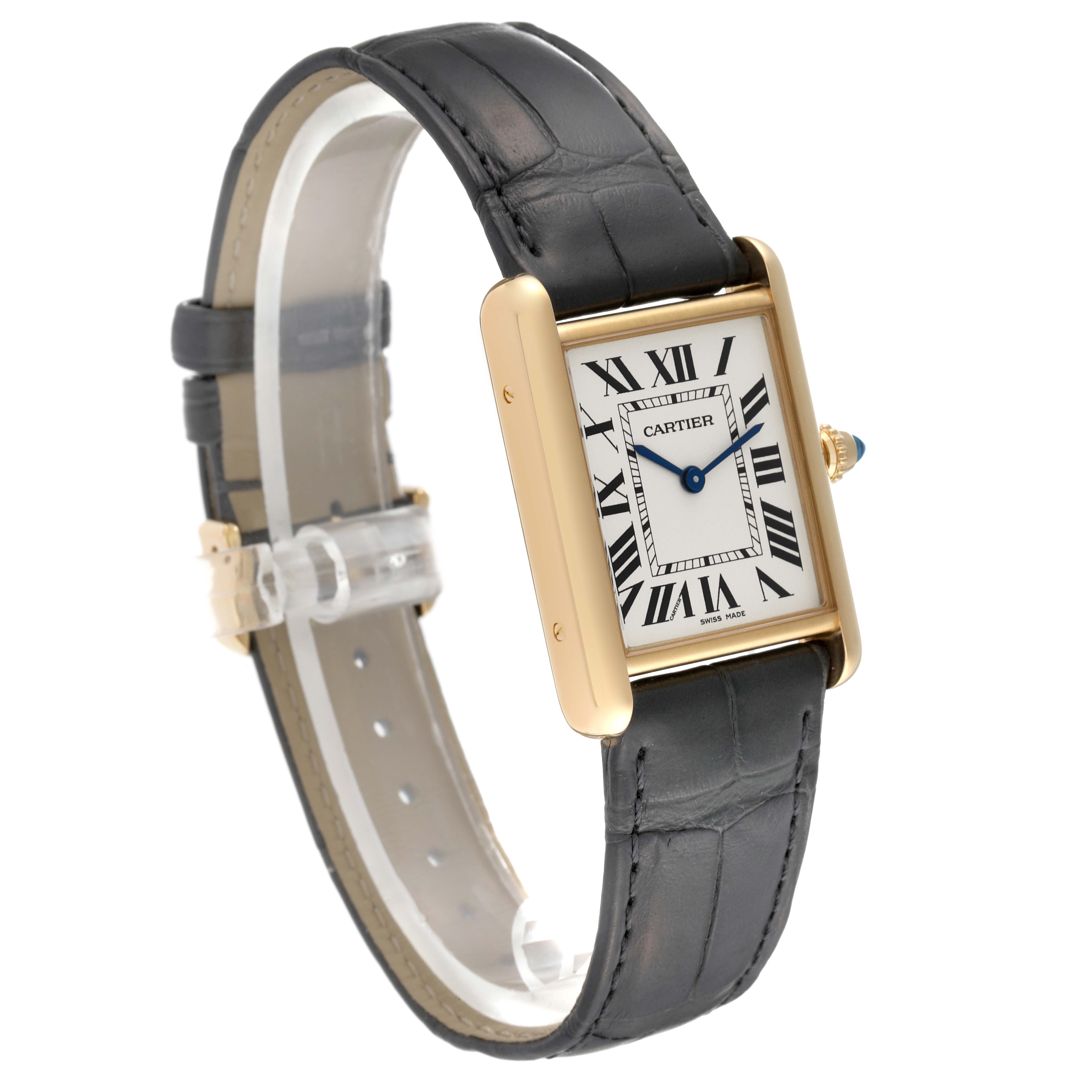 The image shows the face and leather strap of a Cartier Tank Louis WGTA0067 Men's Yellow Gold Silver Dial WGTA0067 Men's Yellow Gold Silver Dial watch at a slight angle.
