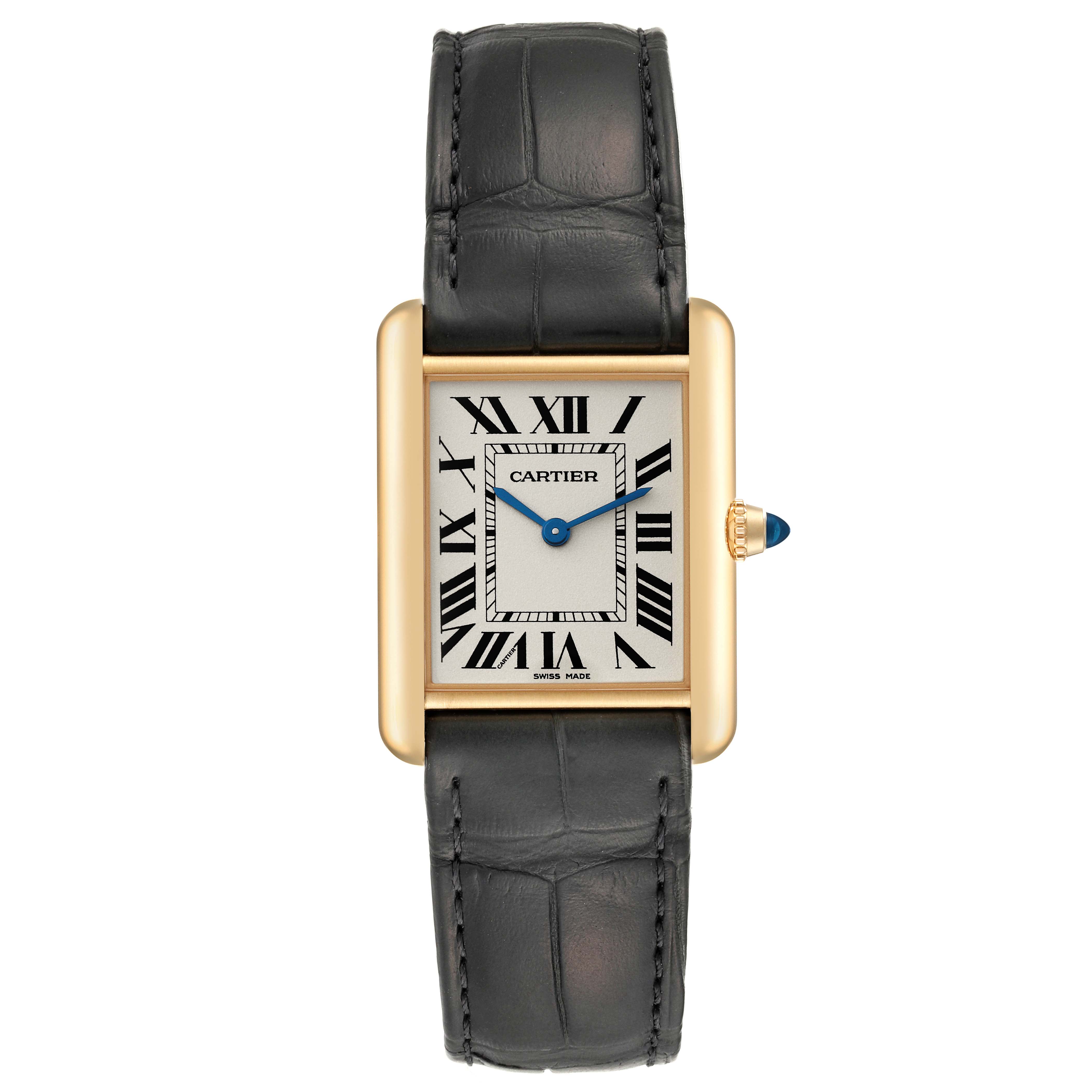 The image shows a Tank Louis model by Cartier from the front, highlighting its rectangular case, Roman numeral dial, and black leather strap.