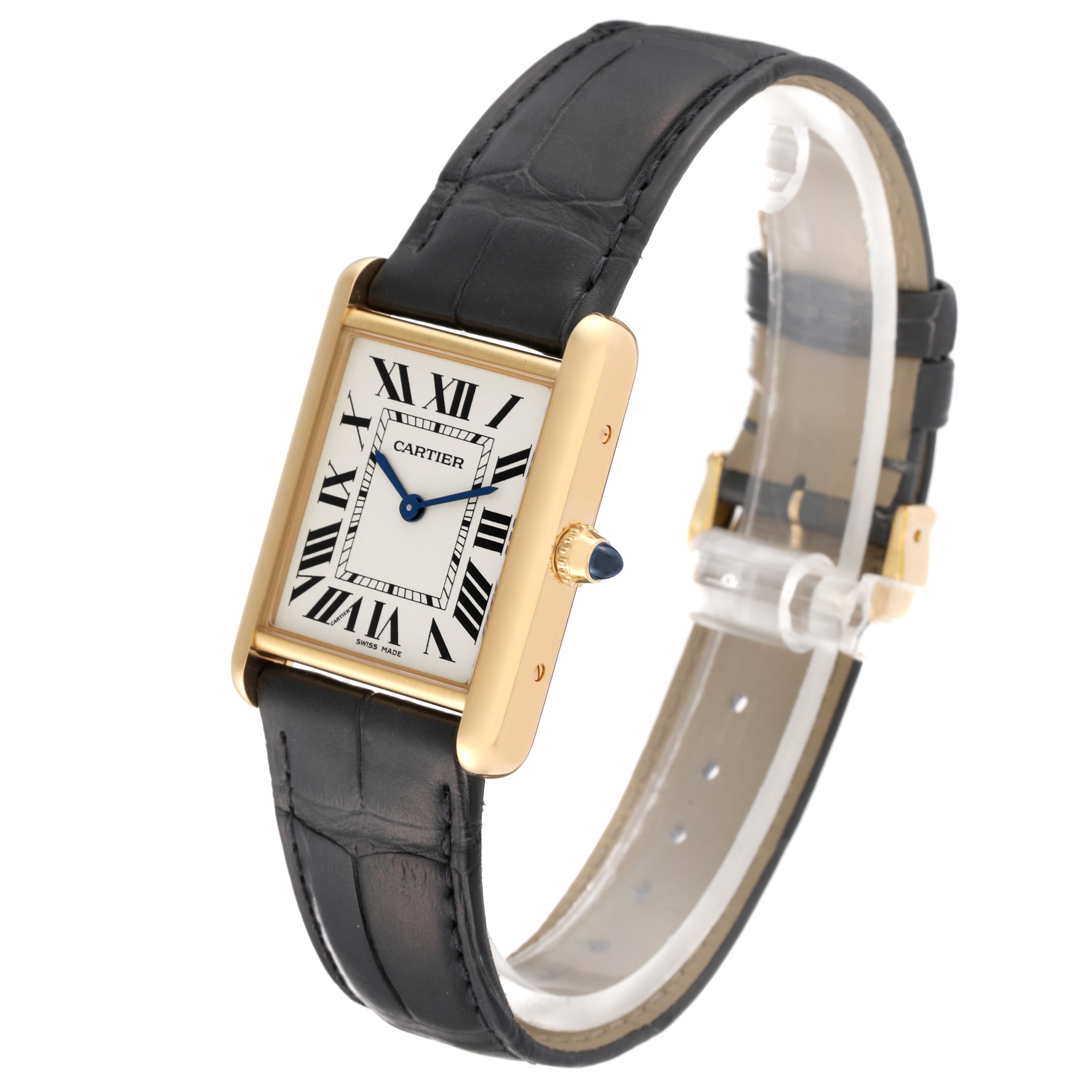 The image shows a Cartier Tank Louis WGTA0067 Men's Yellow Gold Silver Dial WGTA0067 Men's Yellow Gold Silver Dial model watch angled slightly to display the face, crown, and part of the strap.