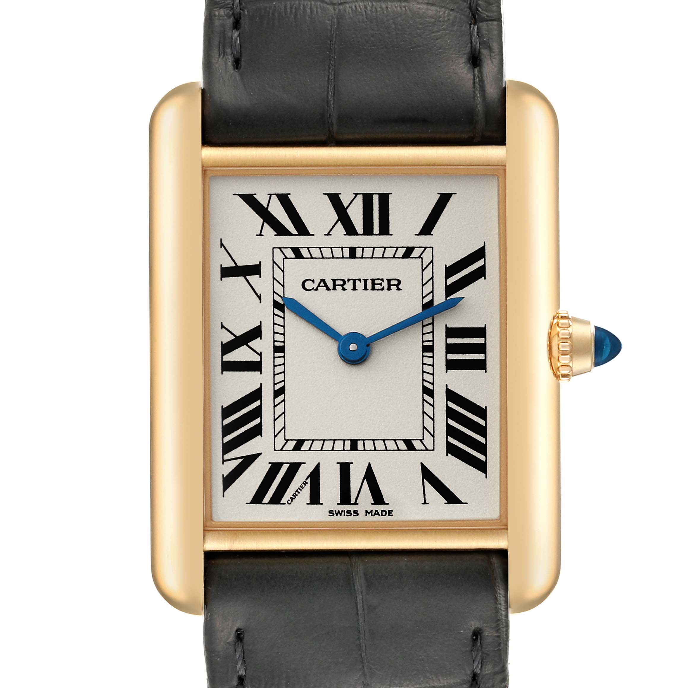 The image shows a frontal view of the Cartier Tank Louis WGTA0067 Men's Yellow Gold Silver Dial WGTA0067 Men's Yellow Gold Silver Dial watch, highlighting its face, roman numerals, blue hands, and leather strap.