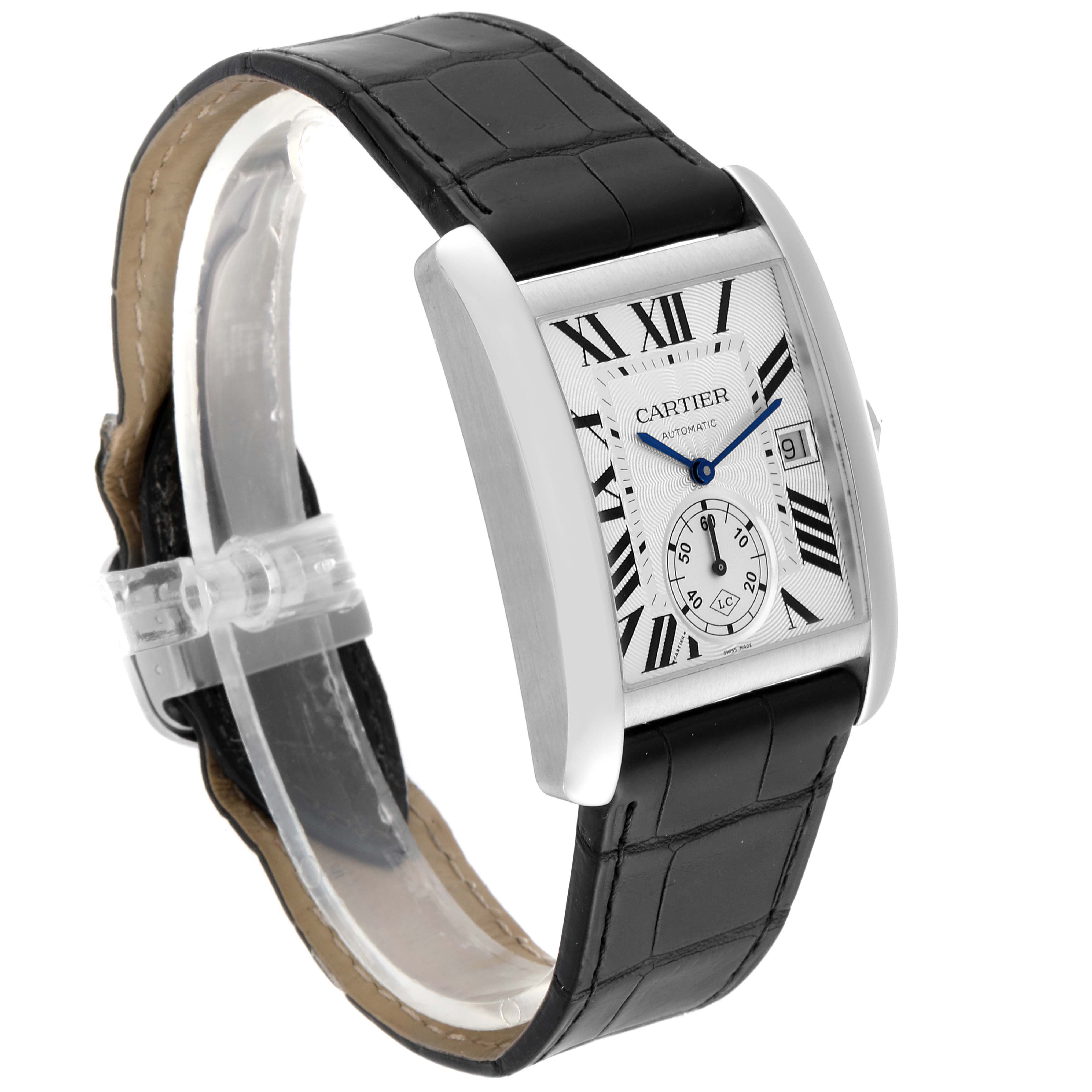 The image shows a side and front angle of the Cartier Tank MC W5330003 Men's Stainless Steel Silver Dial W5330003 Men's Stainless Steel Silver Dial watch, highlighting its face, strap, and clasp.