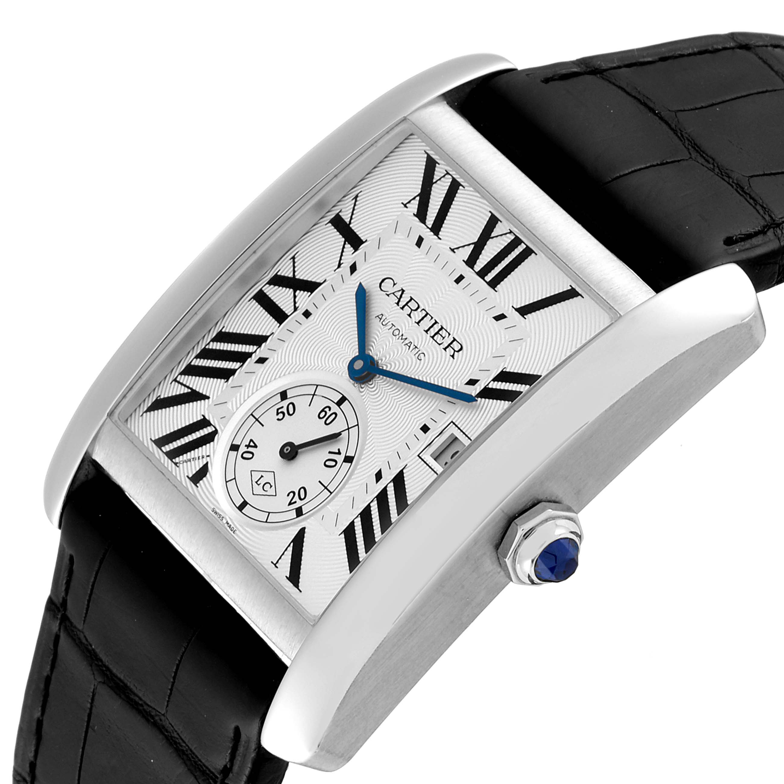 This image shows a Cartier Tank MC W5330003 Men's Stainless Steel Silver Dial W5330003 Men's Stainless Steel Silver Dial watch from a tilted angle, highlighting the dial, crown, and strap.