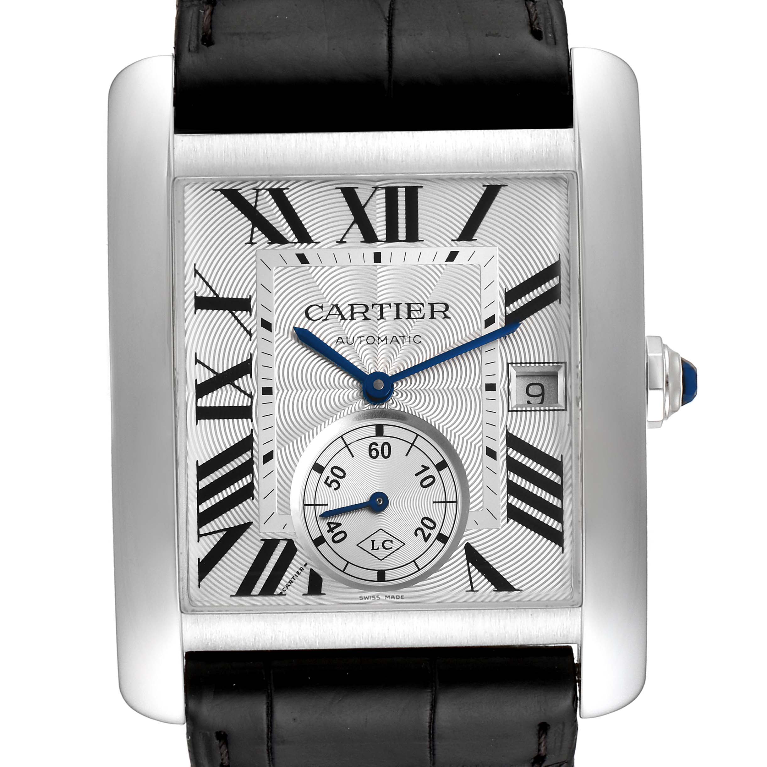 This image shows a frontal view of the Cartier Tank MC W5330003 Men's Stainless Steel Silver Dial W5330003 Men's Stainless Steel Silver Dial watch, displaying the dial, hands, date window, and part of the leather strap.