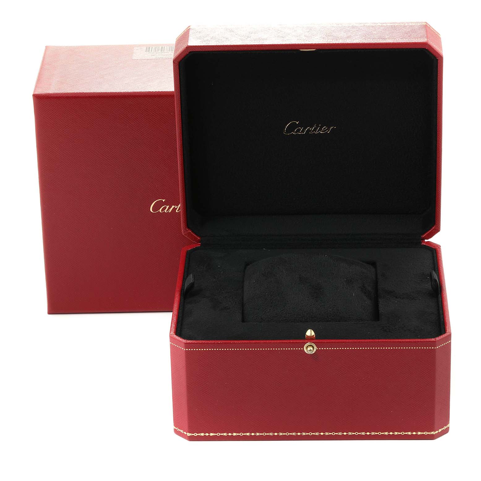 The image shows an open red Cartier box, likely for a Cartier Tank MC W5330003 Men's Stainless Steel Silver Dial W5330003 Men's Stainless Steel Silver Dial watch, with no watch visible inside.