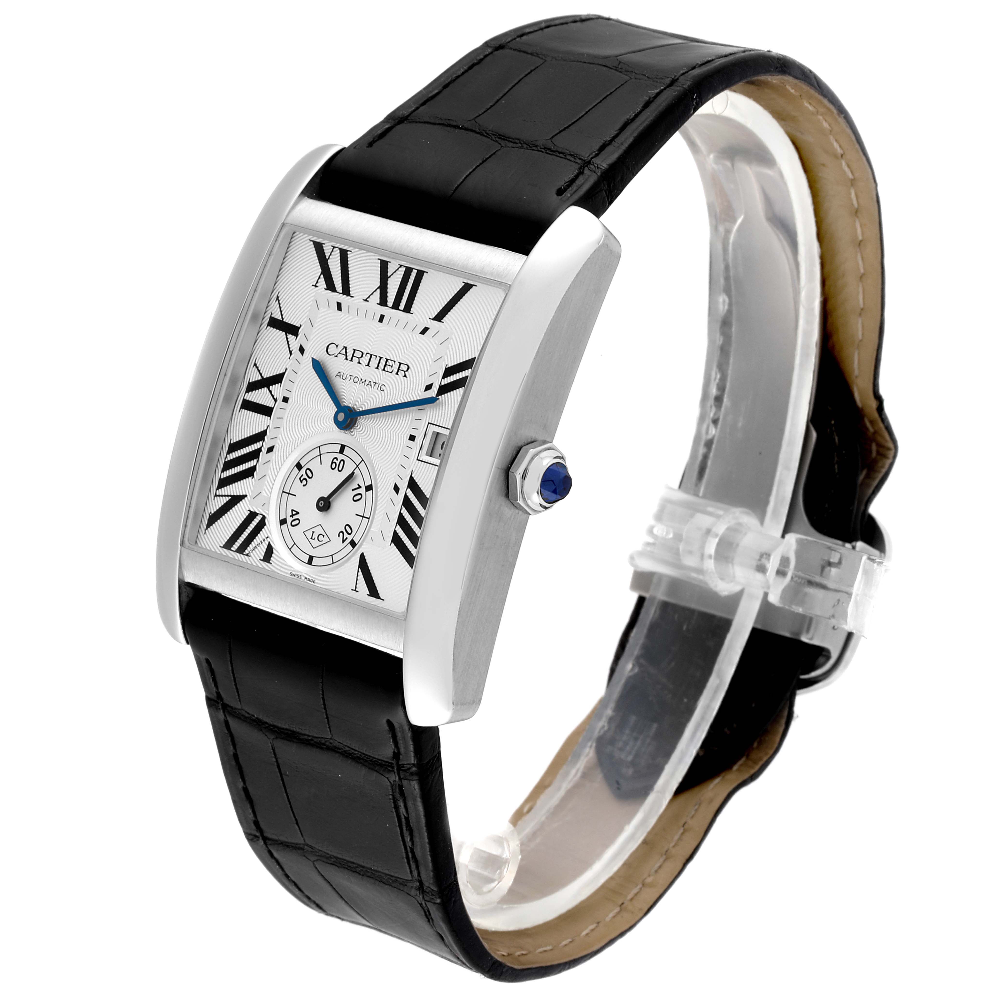 This image shows a Cartier Tank MC W5330003 Men's Stainless Steel Silver Dial W5330003 Men's Stainless Steel Silver Dial watch at a three-quarter angle, highlighting the face, case, crown, and black strap.