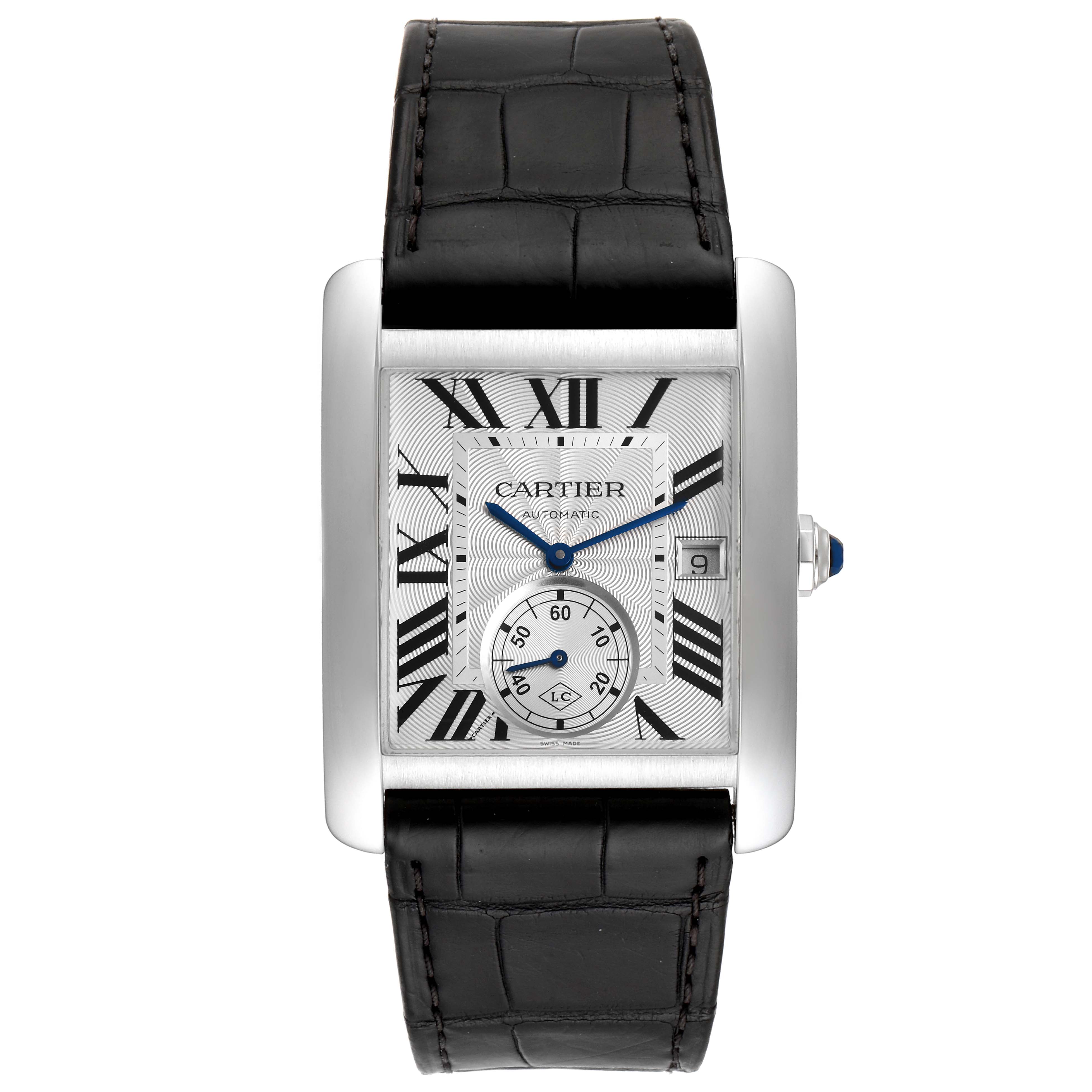 The image shows a front view of the Cartier Tank MC W5330003 Men's Stainless Steel Silver Dial W5330003 Men's Stainless Steel Silver Dial watch, including its dial, case, and leather strap.
