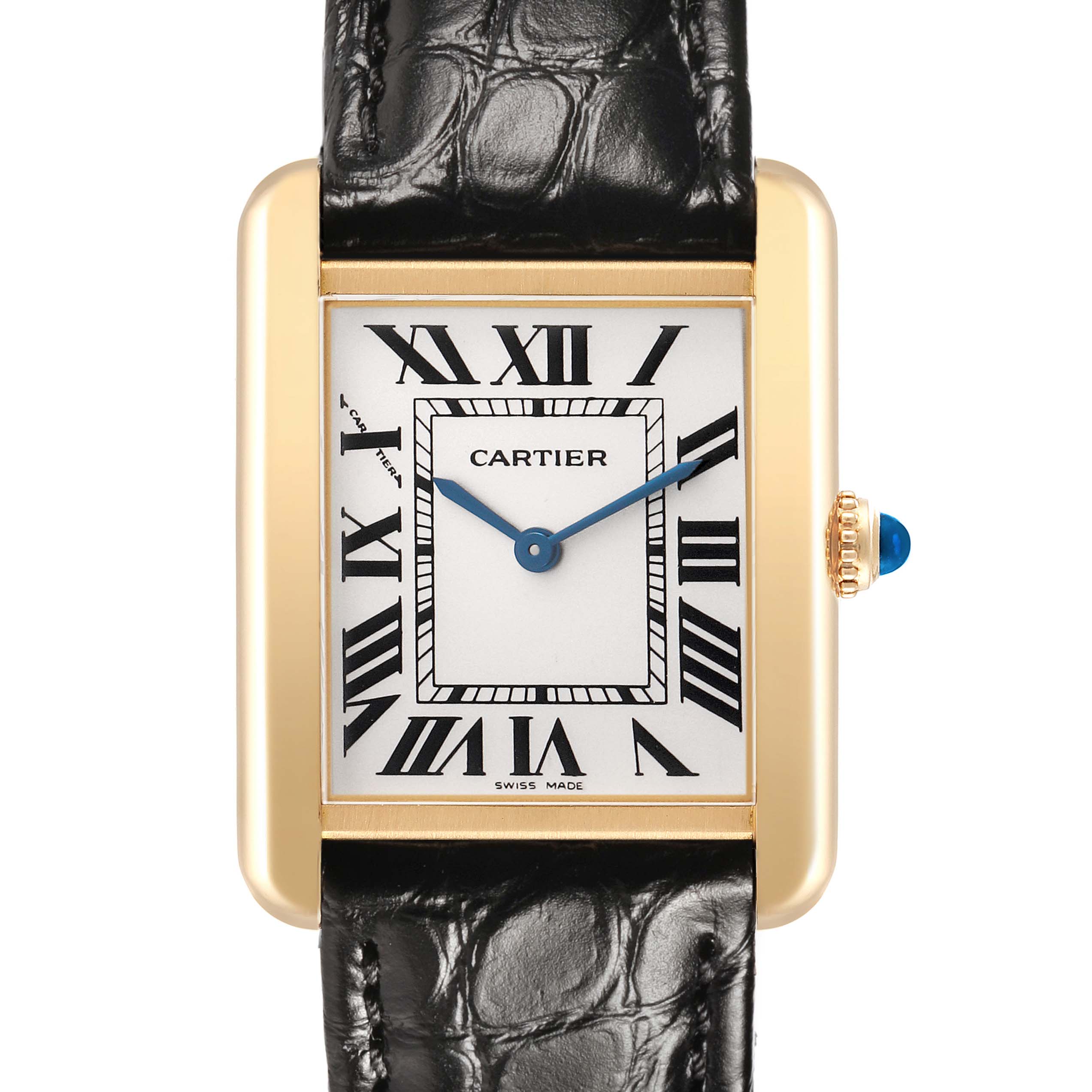 The Cartier Tank Solo W1018755 Women's Yellow Gold Silver Dial watch is shown from the front, displaying its rectangular face, Roman numerals, blue hands, and leather strap.
