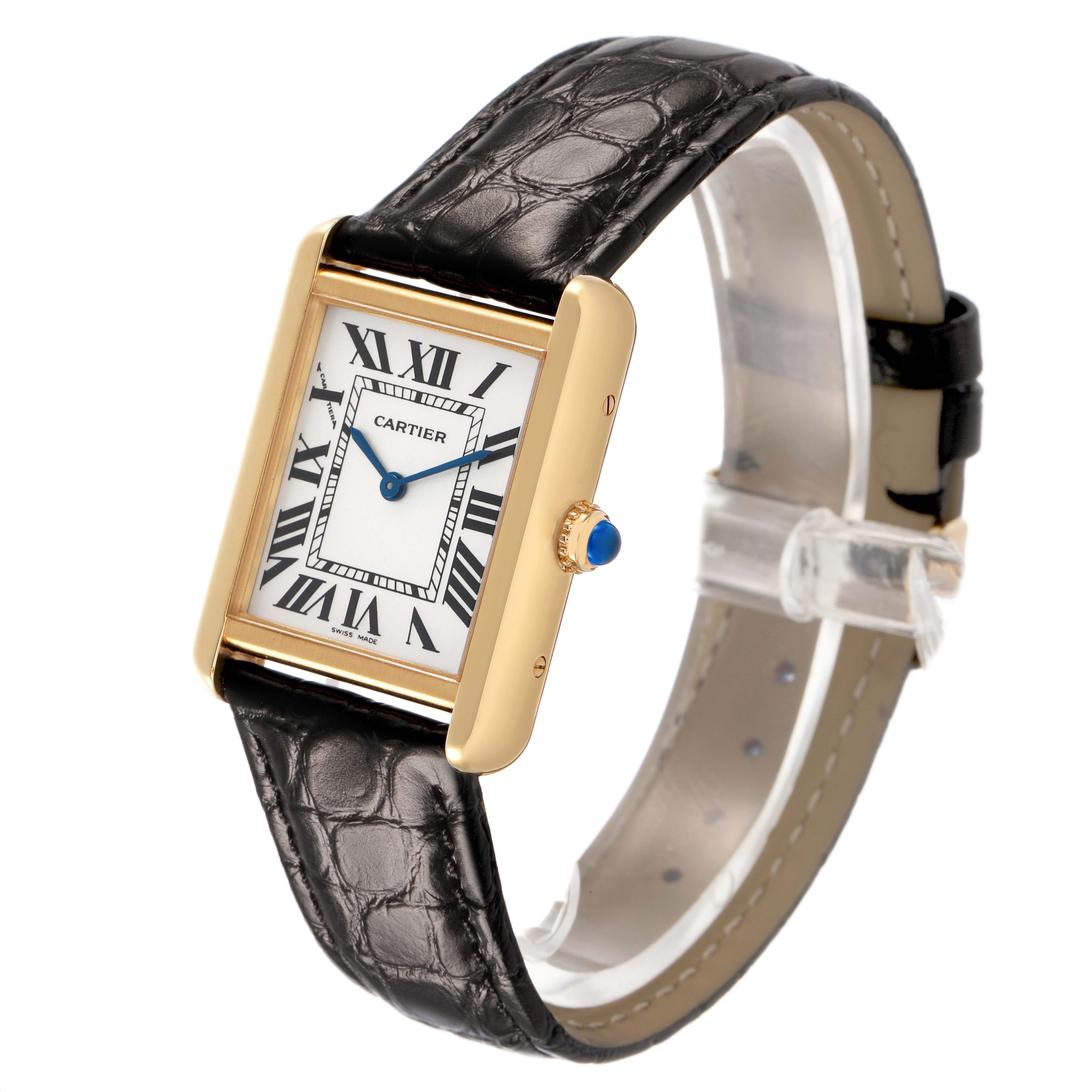 The Cartier Tank Solo W1018755 Women's Yellow Gold Silver Dial watch is shown at a three-quarter angle, highlighting the face, leather strap, and crown.